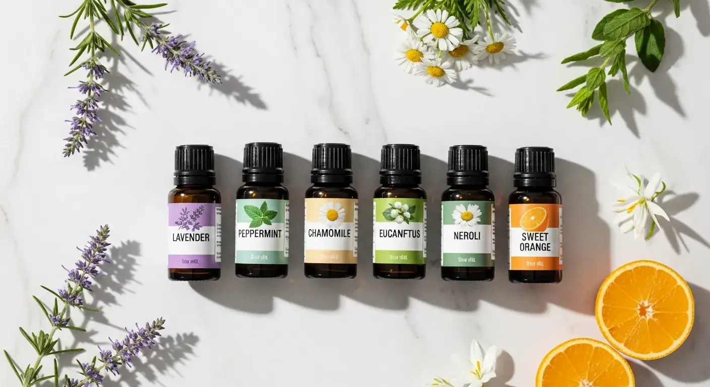Bottles of lavender, peppermint, chamomile oils