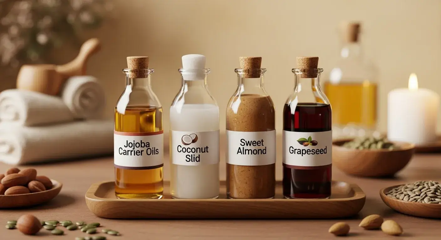 Jojoba, coconut, almond, grapeseed oil bottles