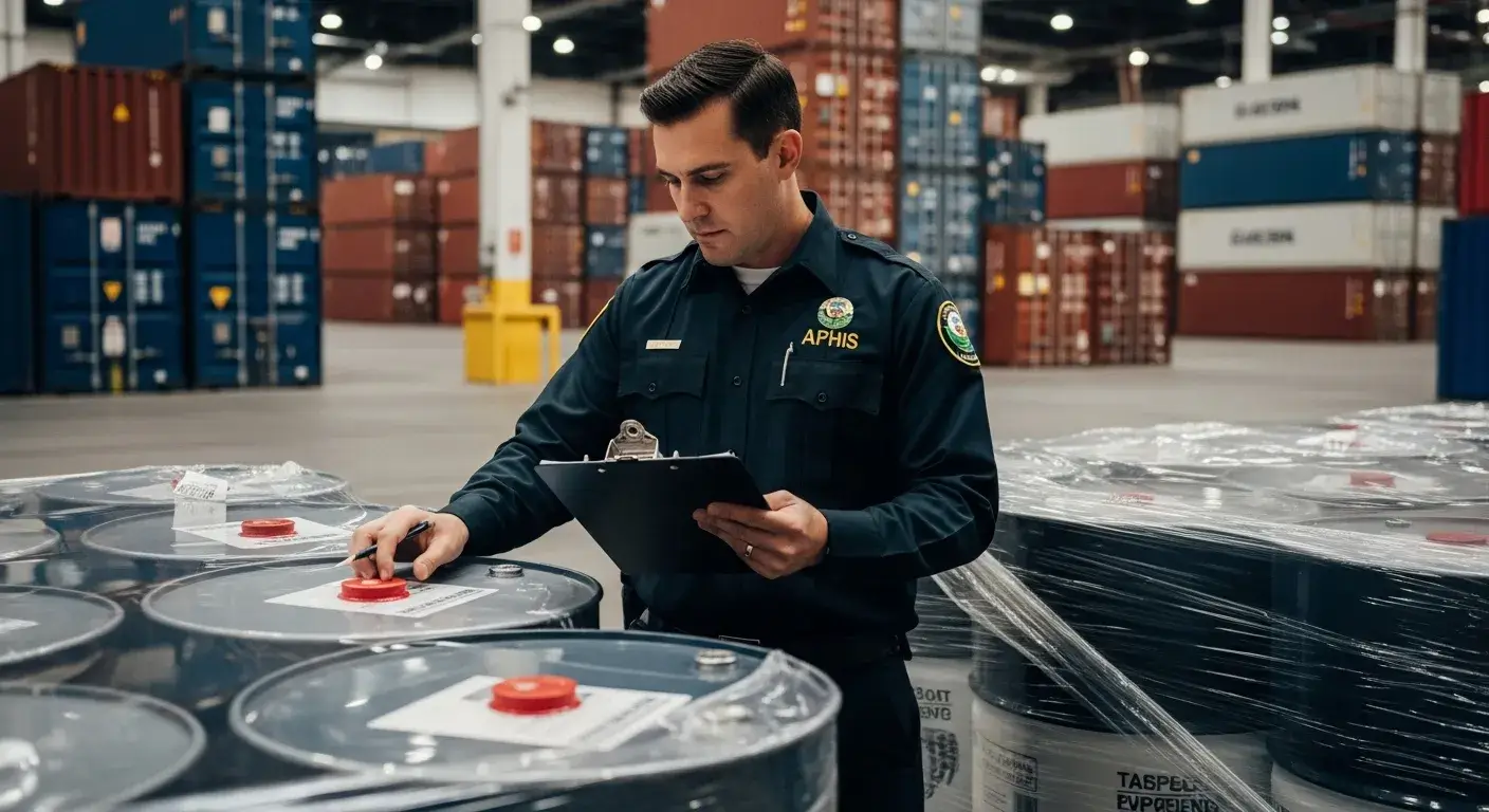USDA APHIS officer inspecting imported plant oil shipment