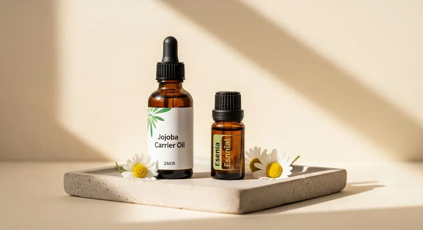 Carrier oil use explained Carrier oil dropper beside essential oil bottle