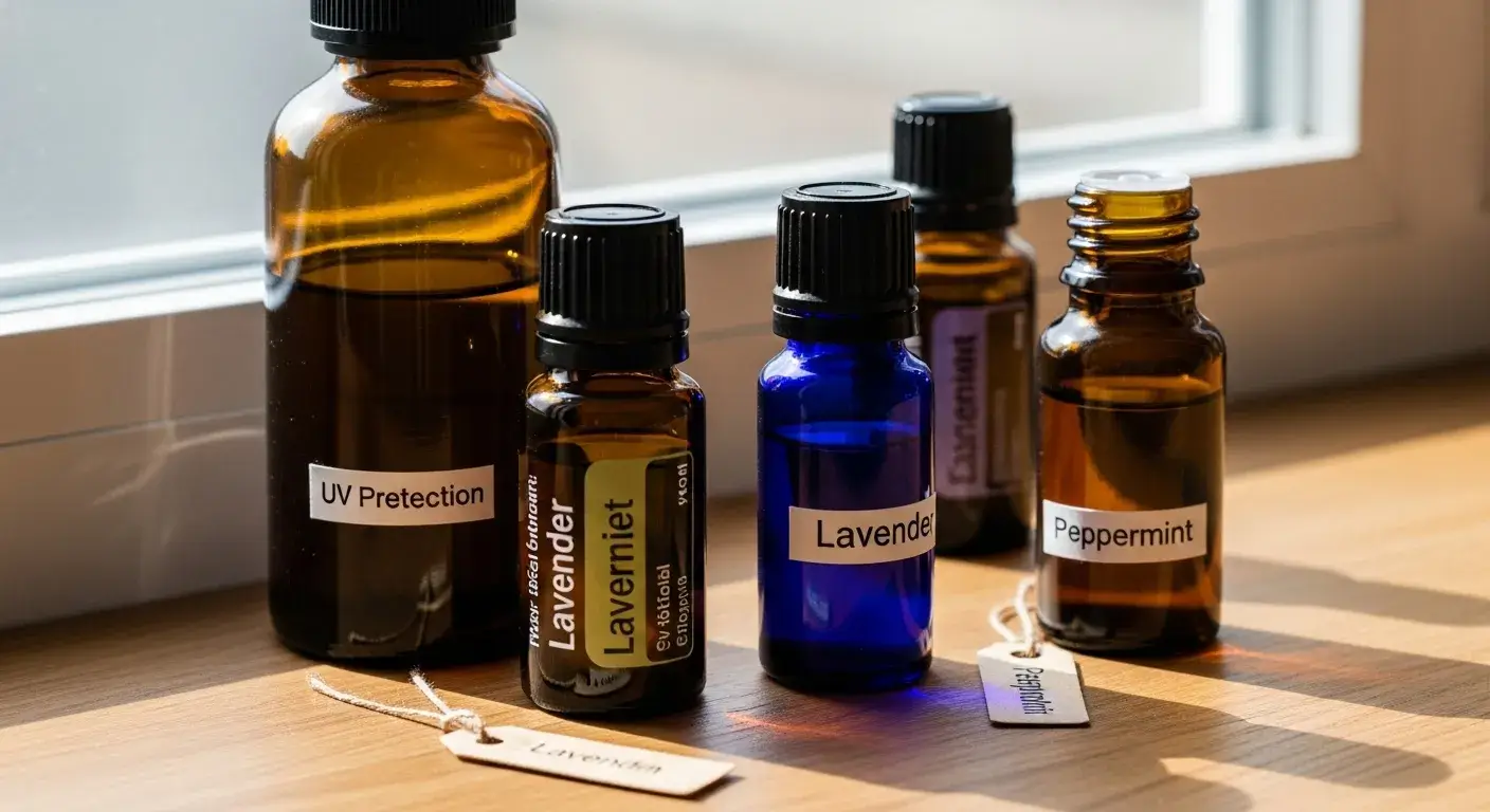 Close-up of essential oils in dark glass under sunlight