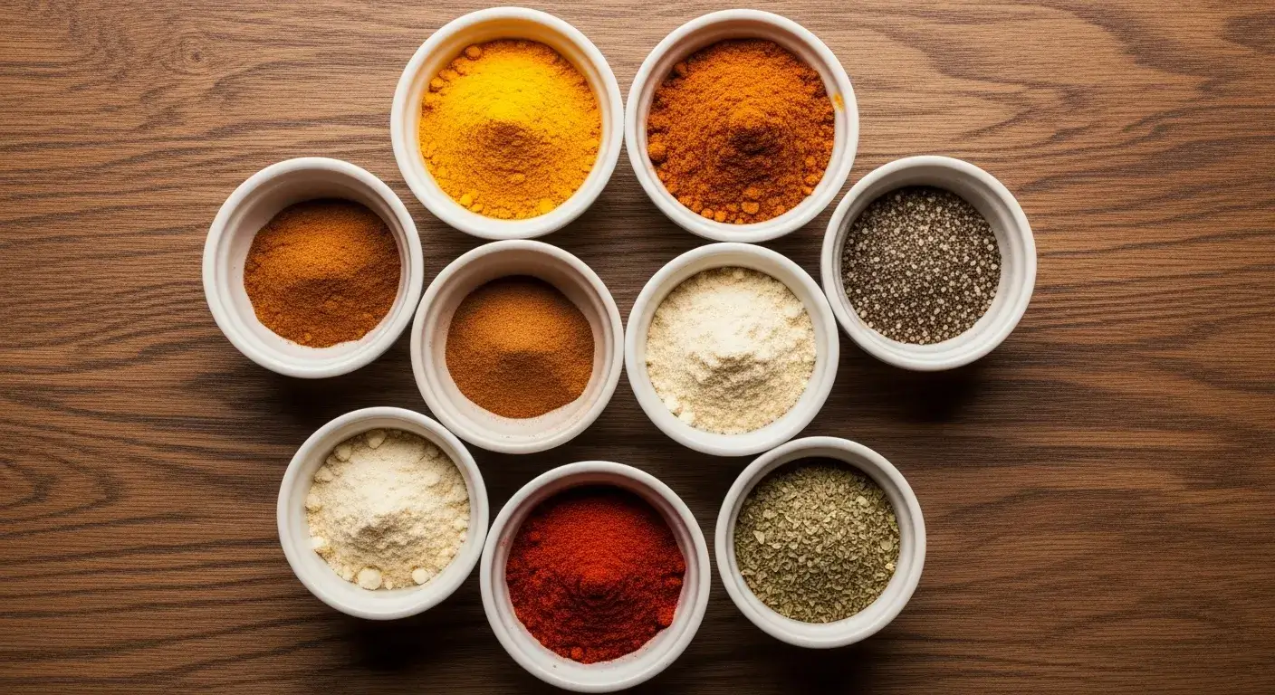 Colorful variety of spices in bowls