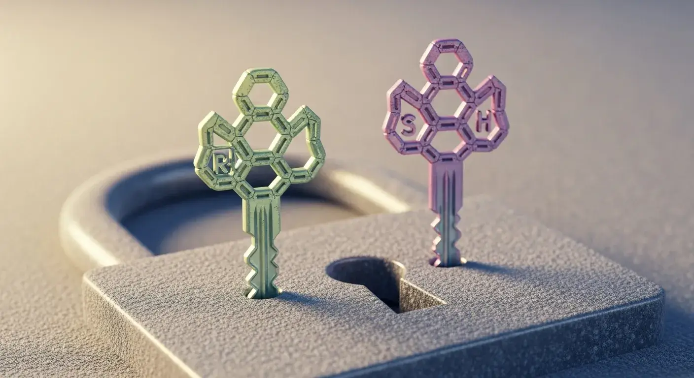 Receptor‑key fit Chiral molecule fitting into a receptor like key into lock