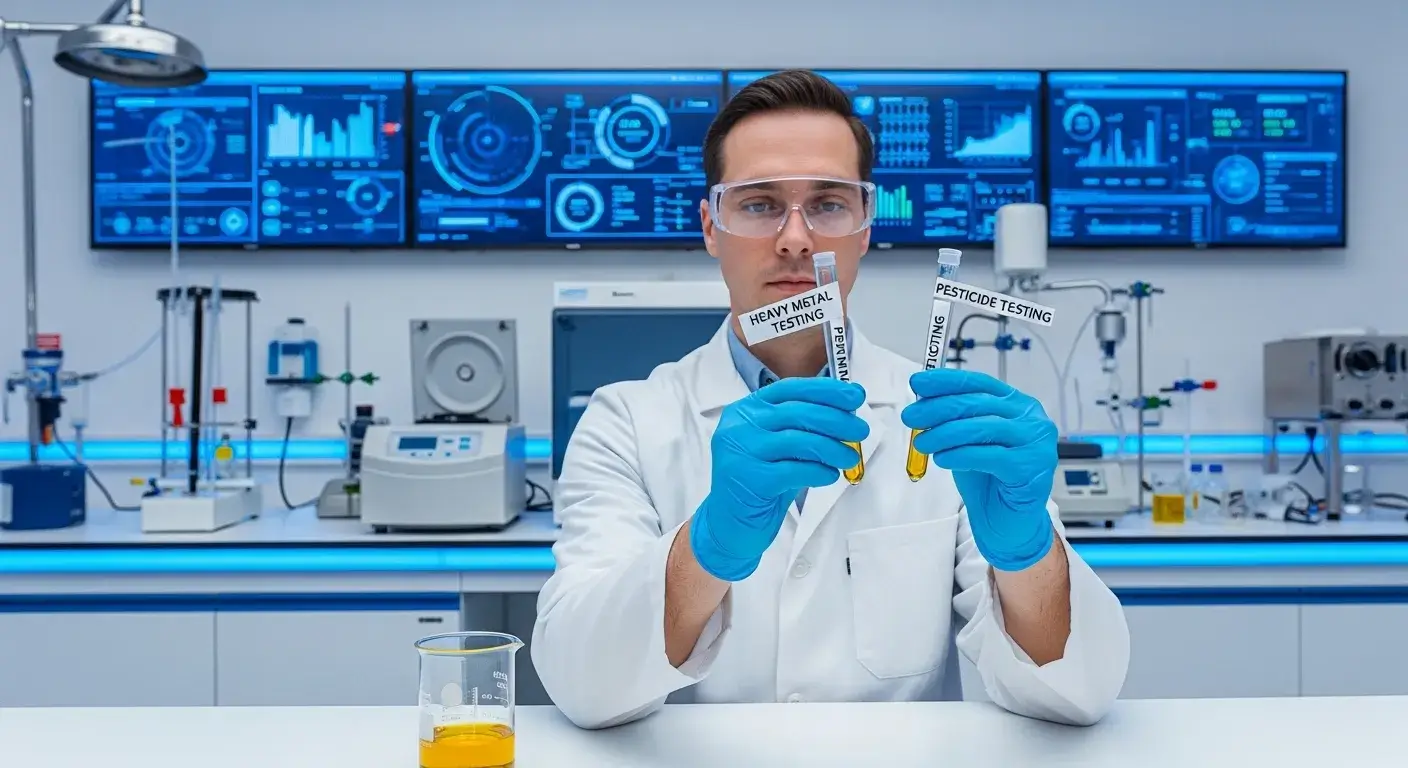 Lab technician testing essential oils for contamination