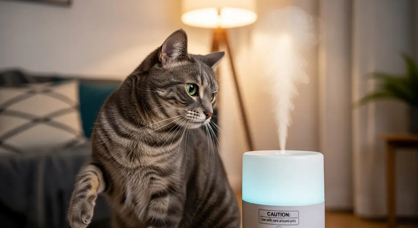 Cat near essential oil diffuser looking distressed