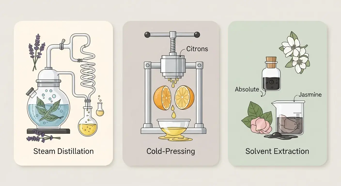 Cutaway diagram of distillation, cold-pressing and solvent extraction