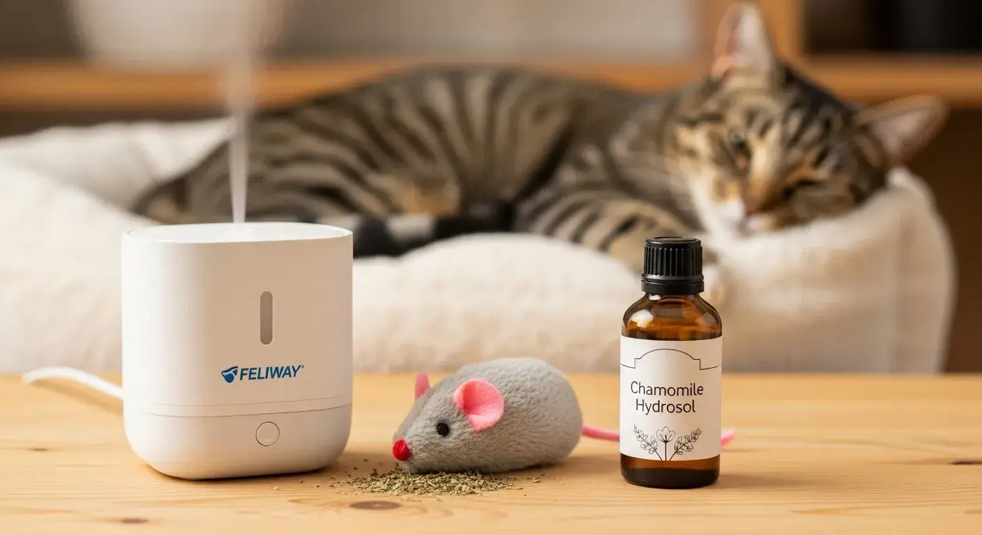 Feliway diffuser, catnip toy, and chamomile hydrosol bottle