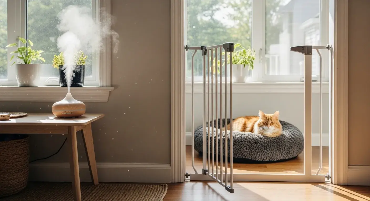 Diffuser running in separate room from gated-off cat area