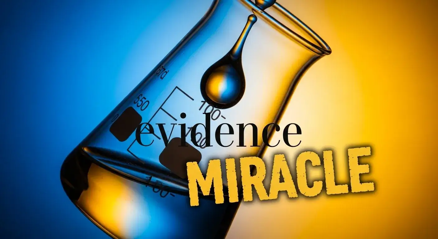 Lab flask against overlayed buzzwords like “miracle” and “evidence”