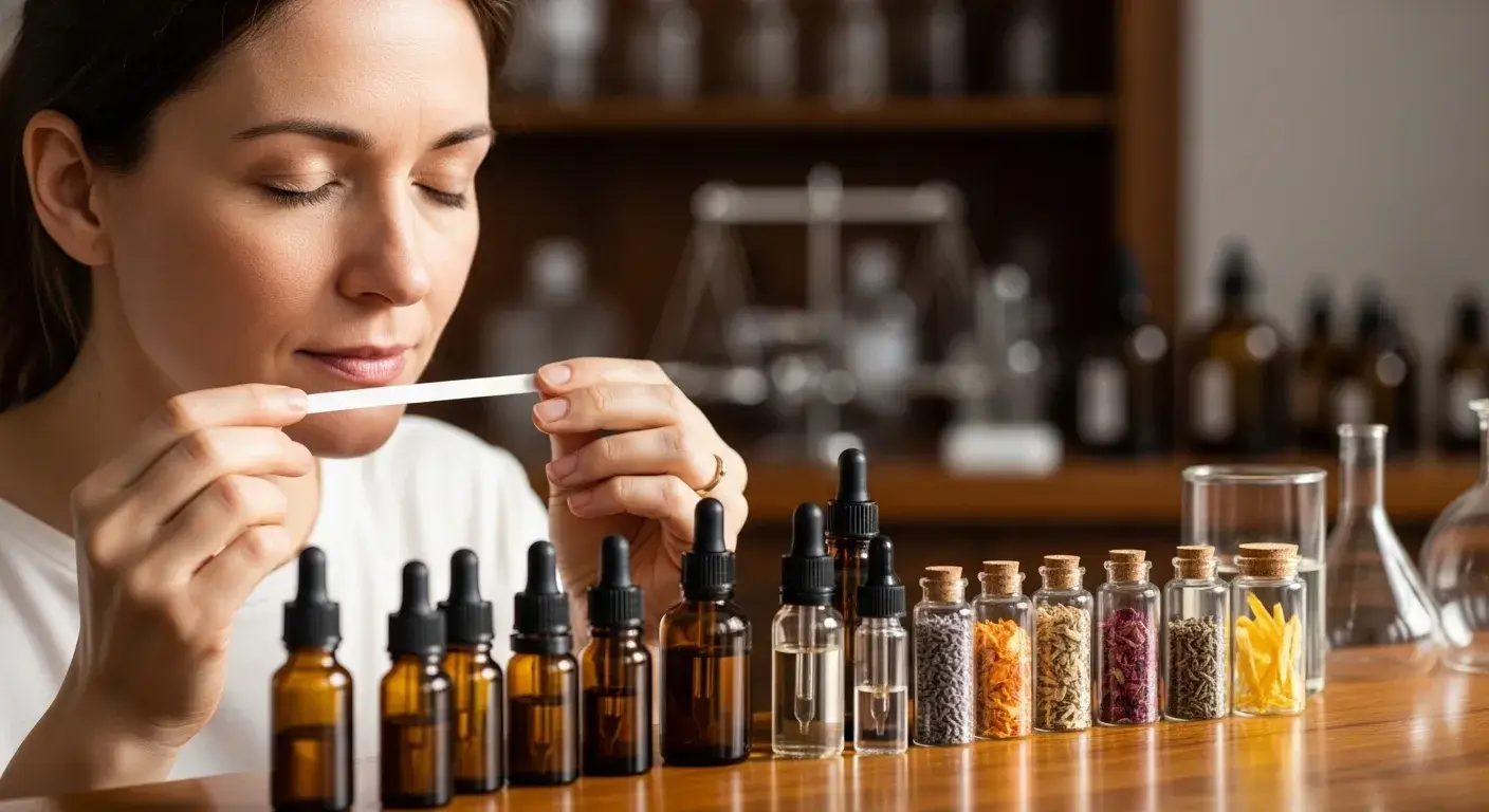 Person evaluating aroma of essential oil sample