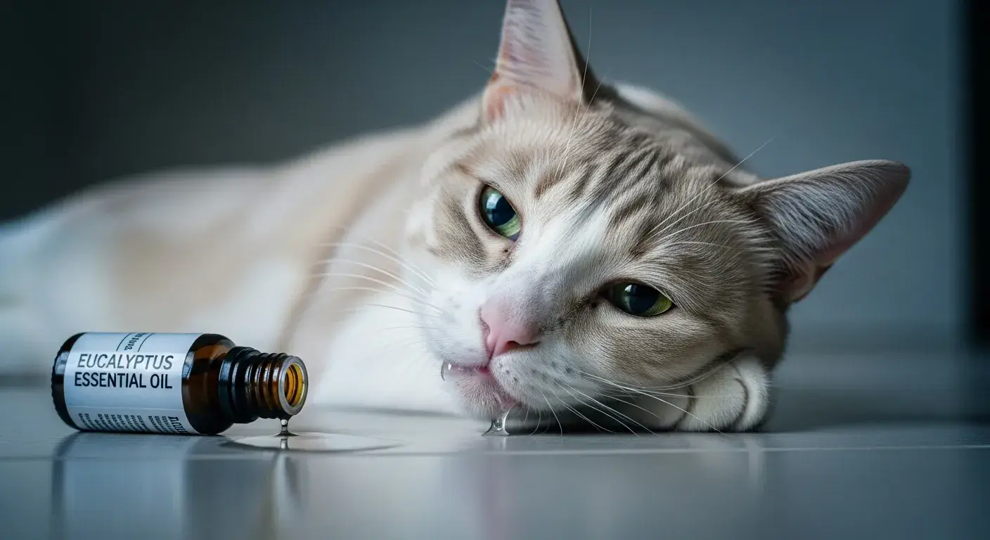 Cat drooling and lethargic near spilled oil bottle