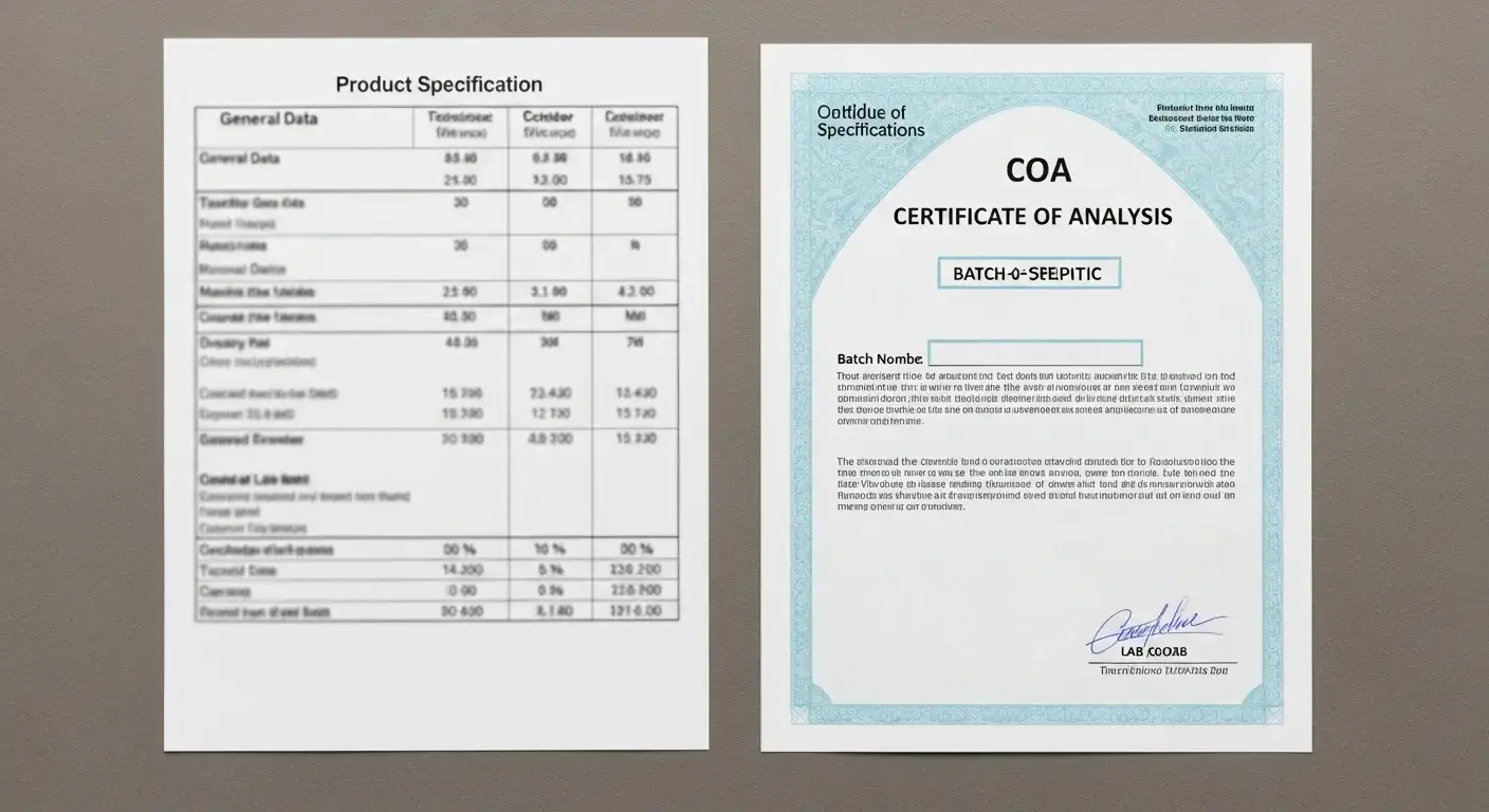 Side‑by‑side spec sheet vs COA comparison flat‑lay