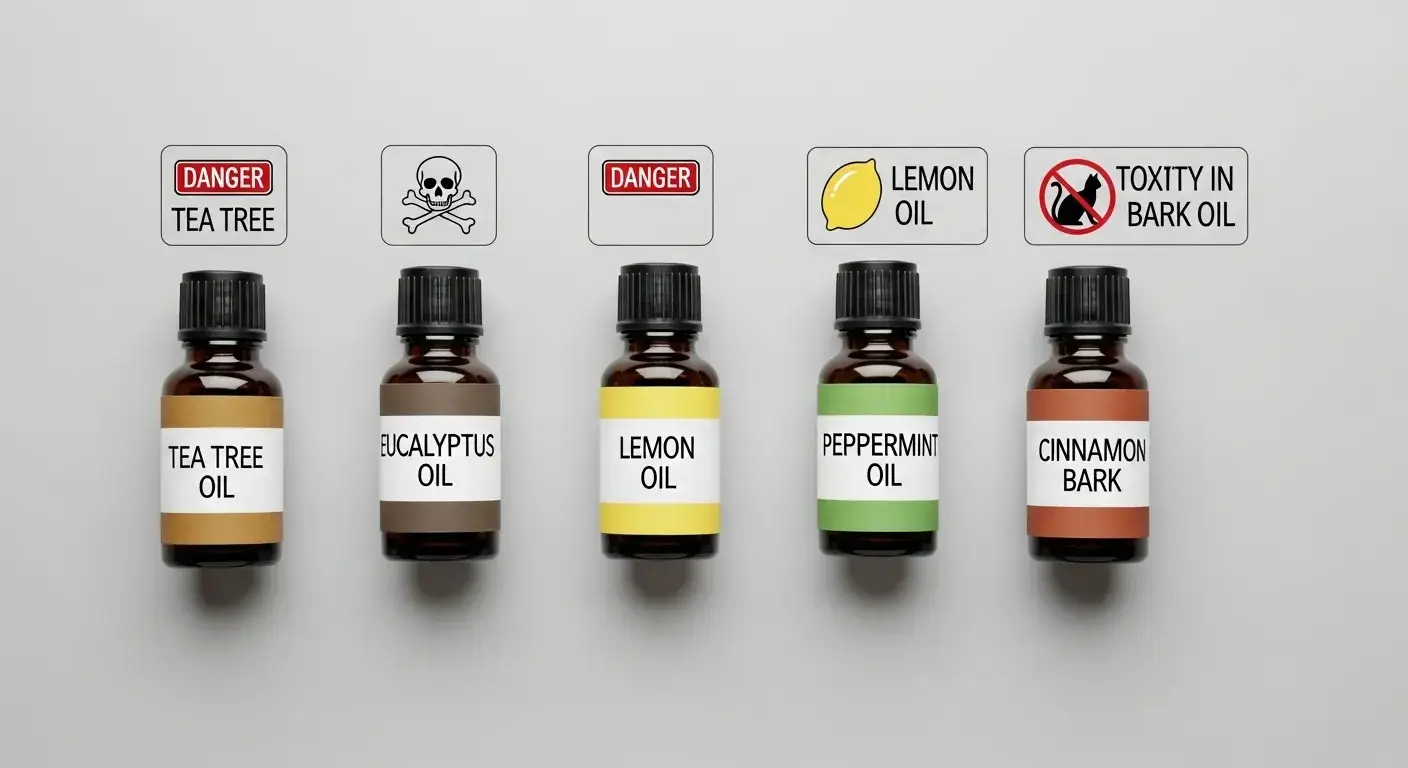 Labeled oils: tea tree, eucalyptus, citrus, peppermint, cinnamon