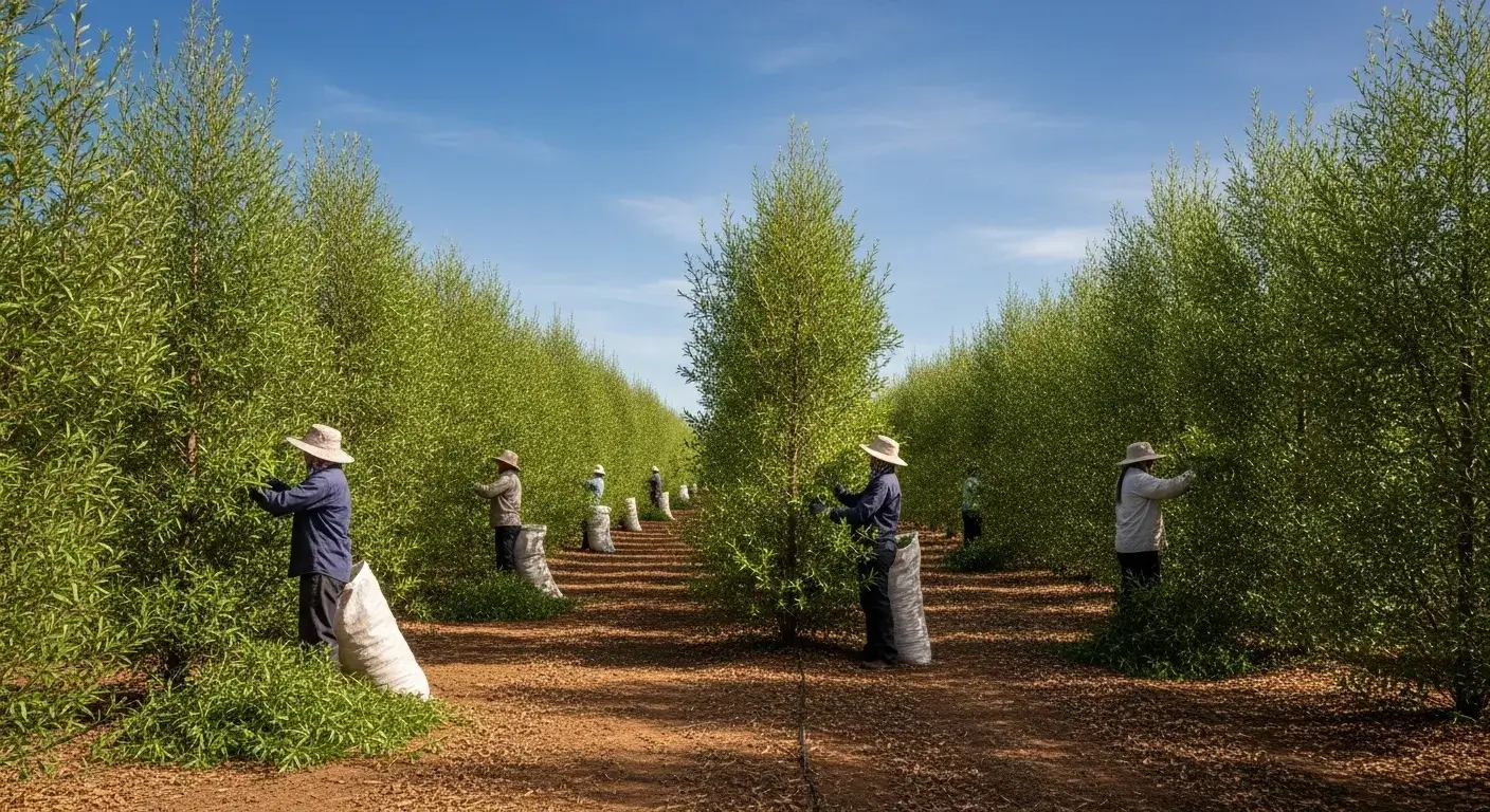 Tea tree oil origins Australian workers harvesting tea tree plantation