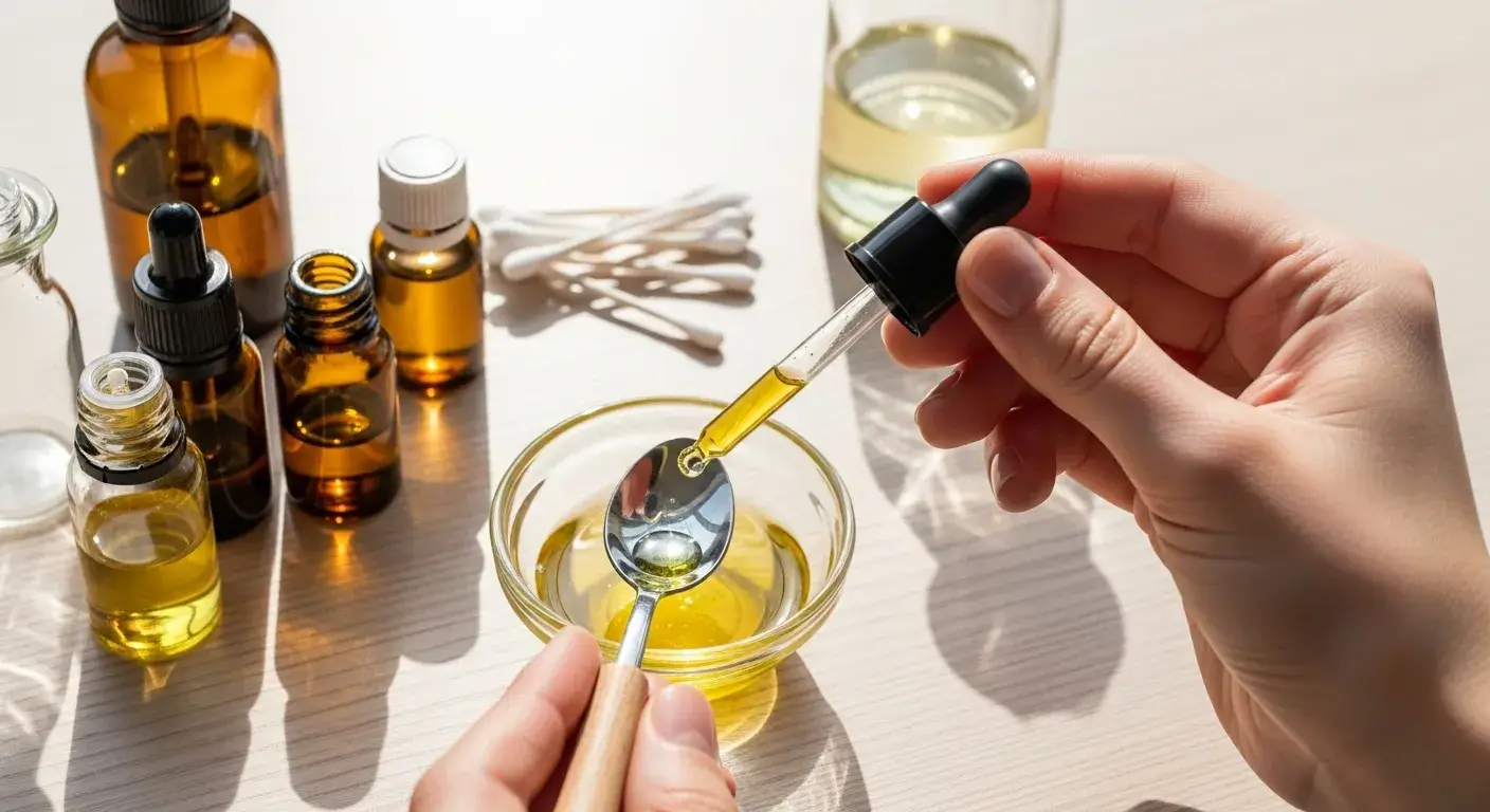 Tea tree oil dilution Diluting tea tree oil with carrier oil in small bowl