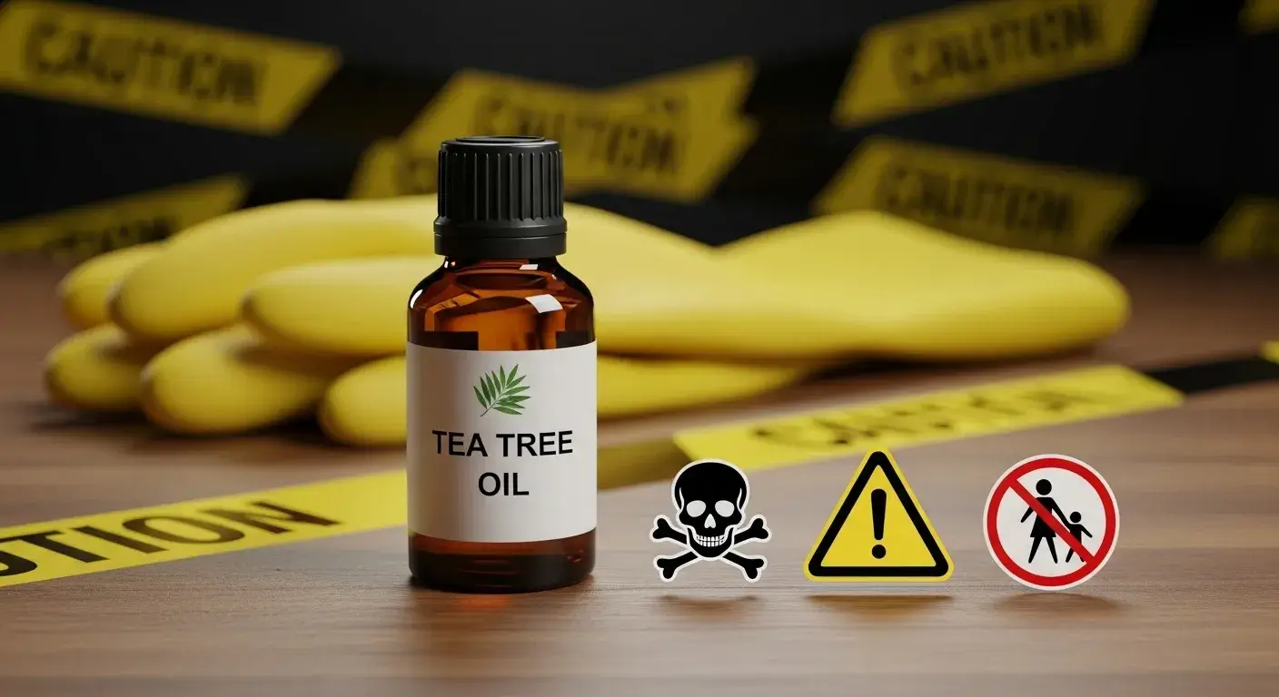 Tea tree oil safety risks Tea tree oil bottle with warning symbols