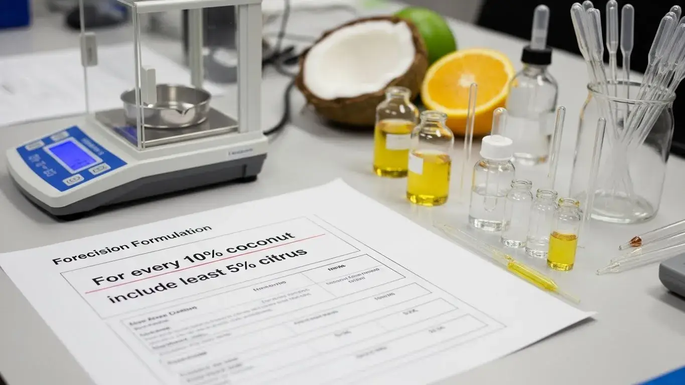 Coconut fragrance oil blended with citrus top notes like lime, bergamot to cut sweetness