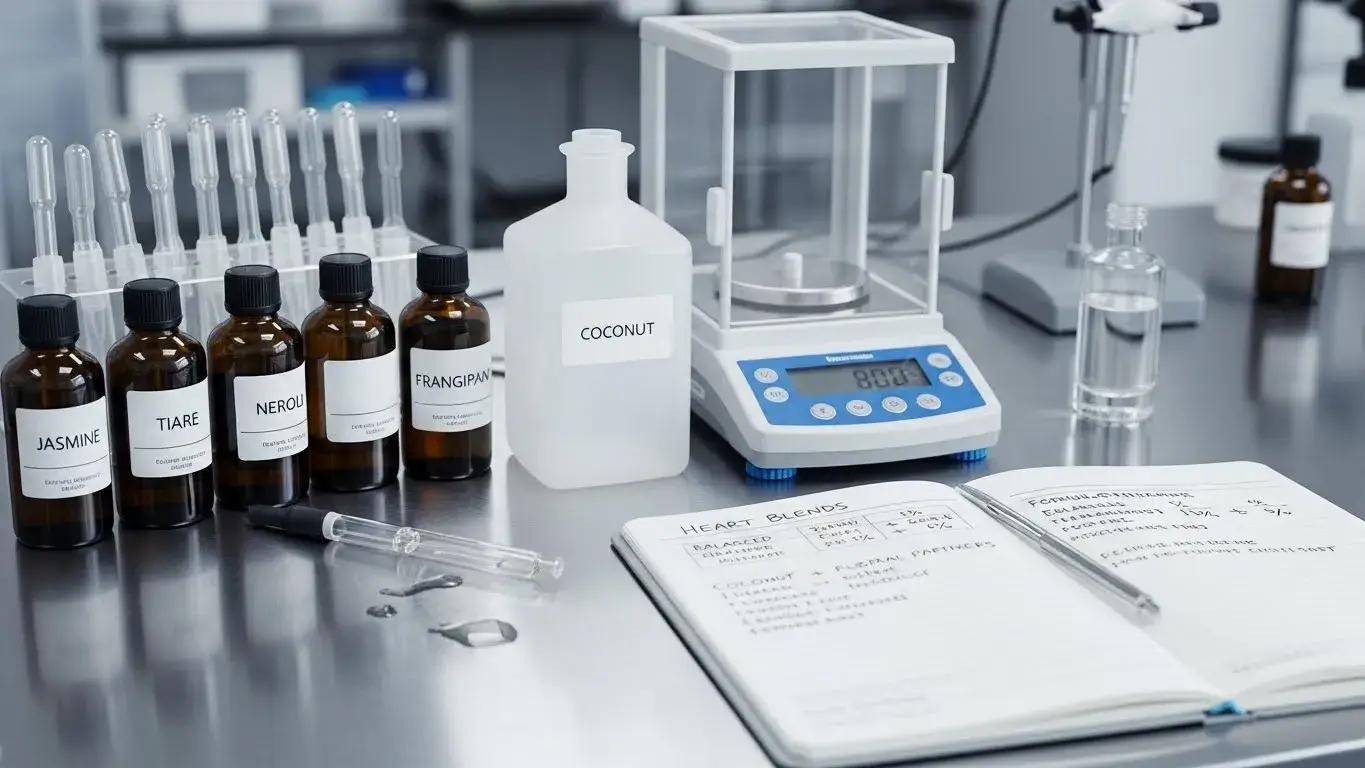 Coconut fragrance oil blended with white florals like jasmine and tiare for elegant profiles