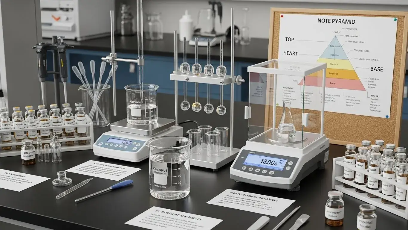 Analytical fragrance lab testing coconut as a heart-to-base note with volatility profile chart