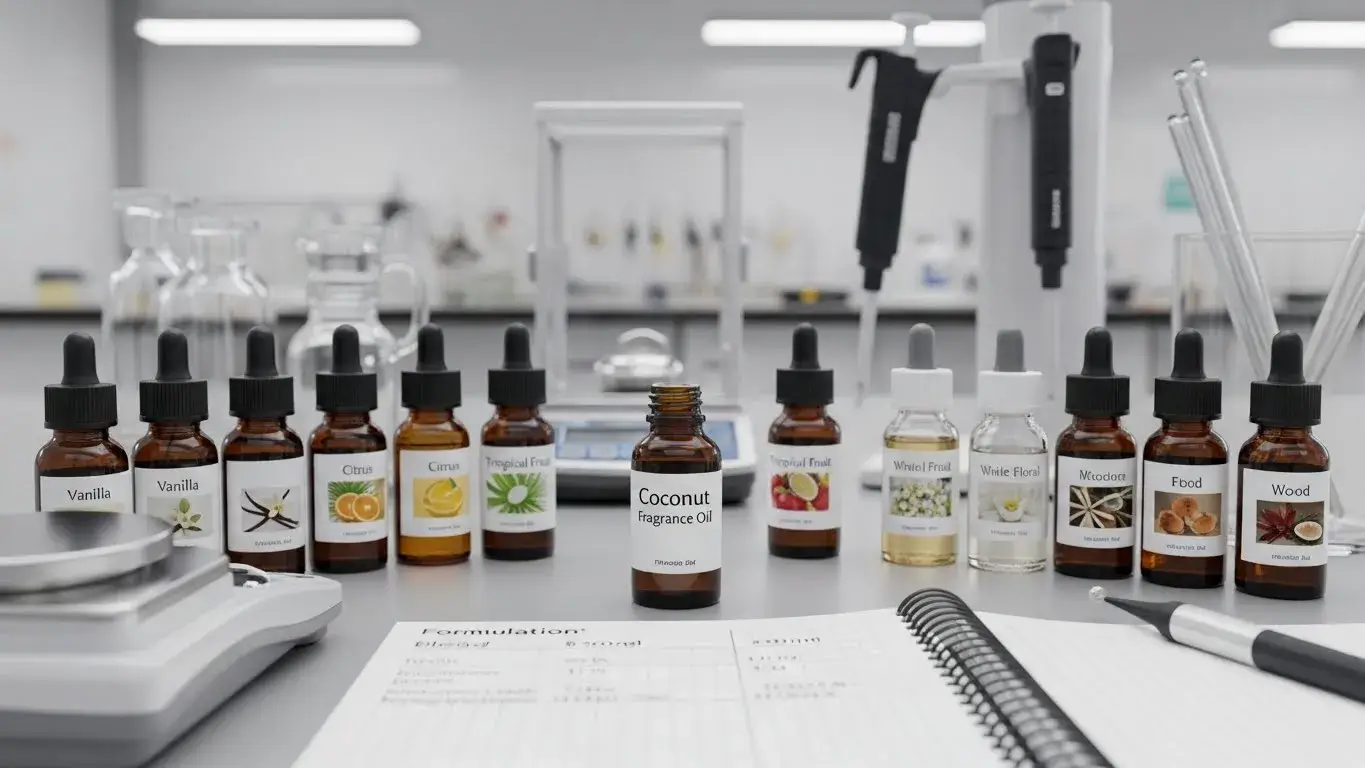 Coconut fragrance oil and partner fragrance materials arranged for professional blending