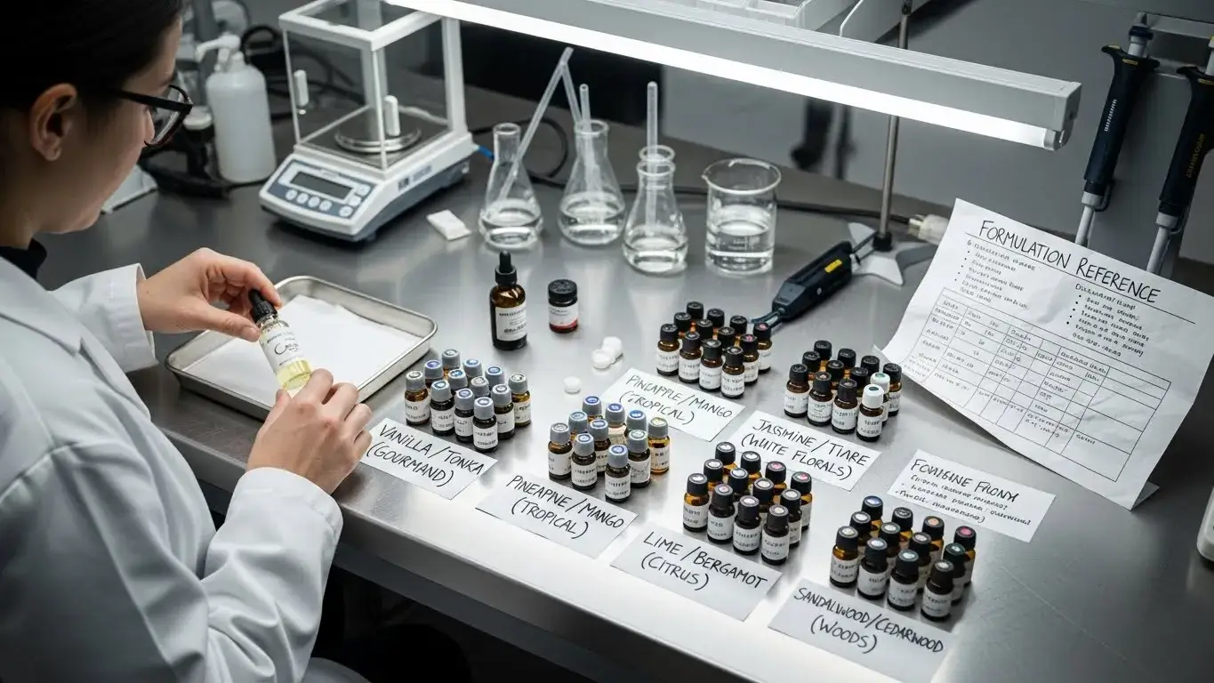 Fragrance lab bench showing coconut fragrance oil with partner families like gourmand, fruit, floral, and woody notes