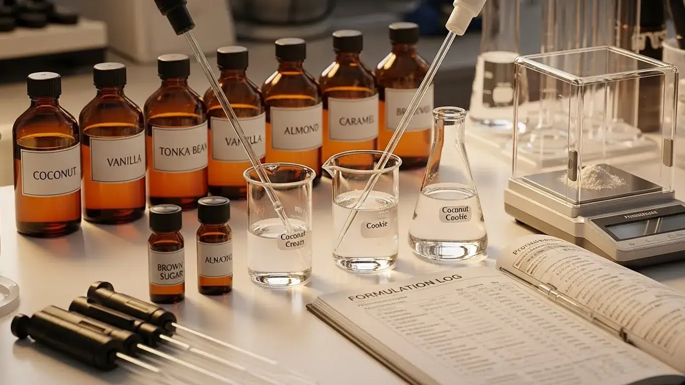 Coconut fragrance oil blended with vanilla, tonka, and almond in professional lab