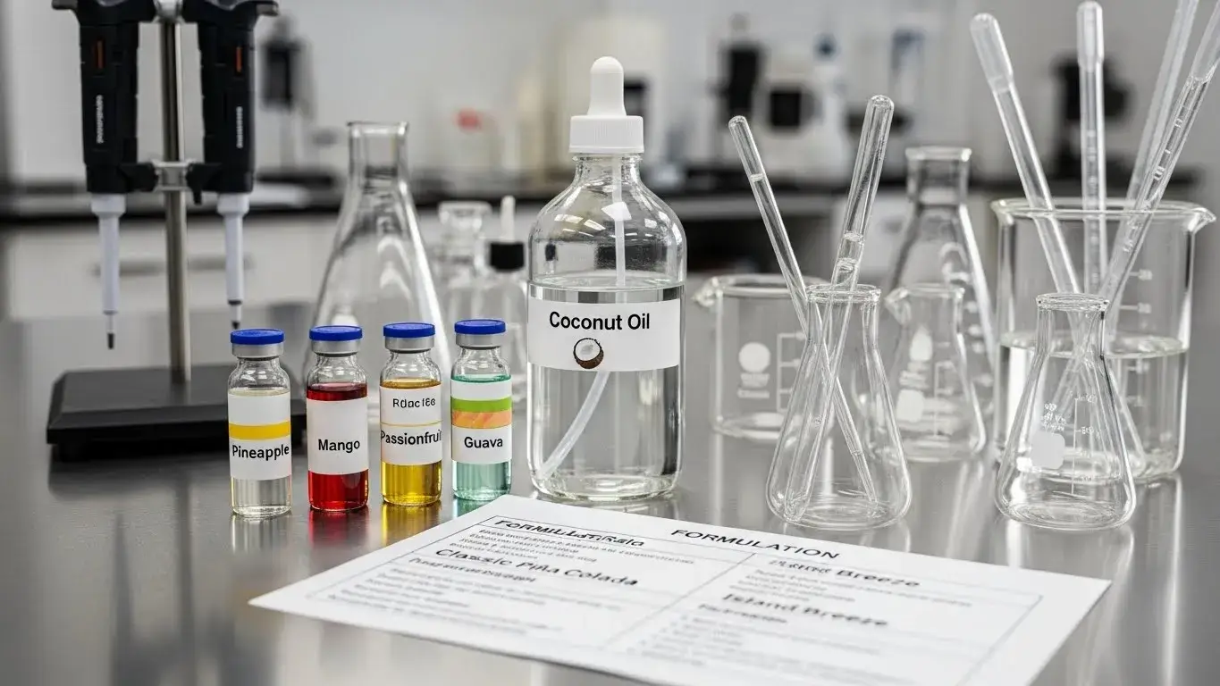 Coconut fragrance oil blended with tropical fruits like pineapple and mango in lab