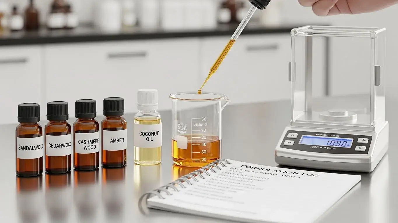 Coconut fragrance oil blended with woods and amber base notes like sandalwood in lab