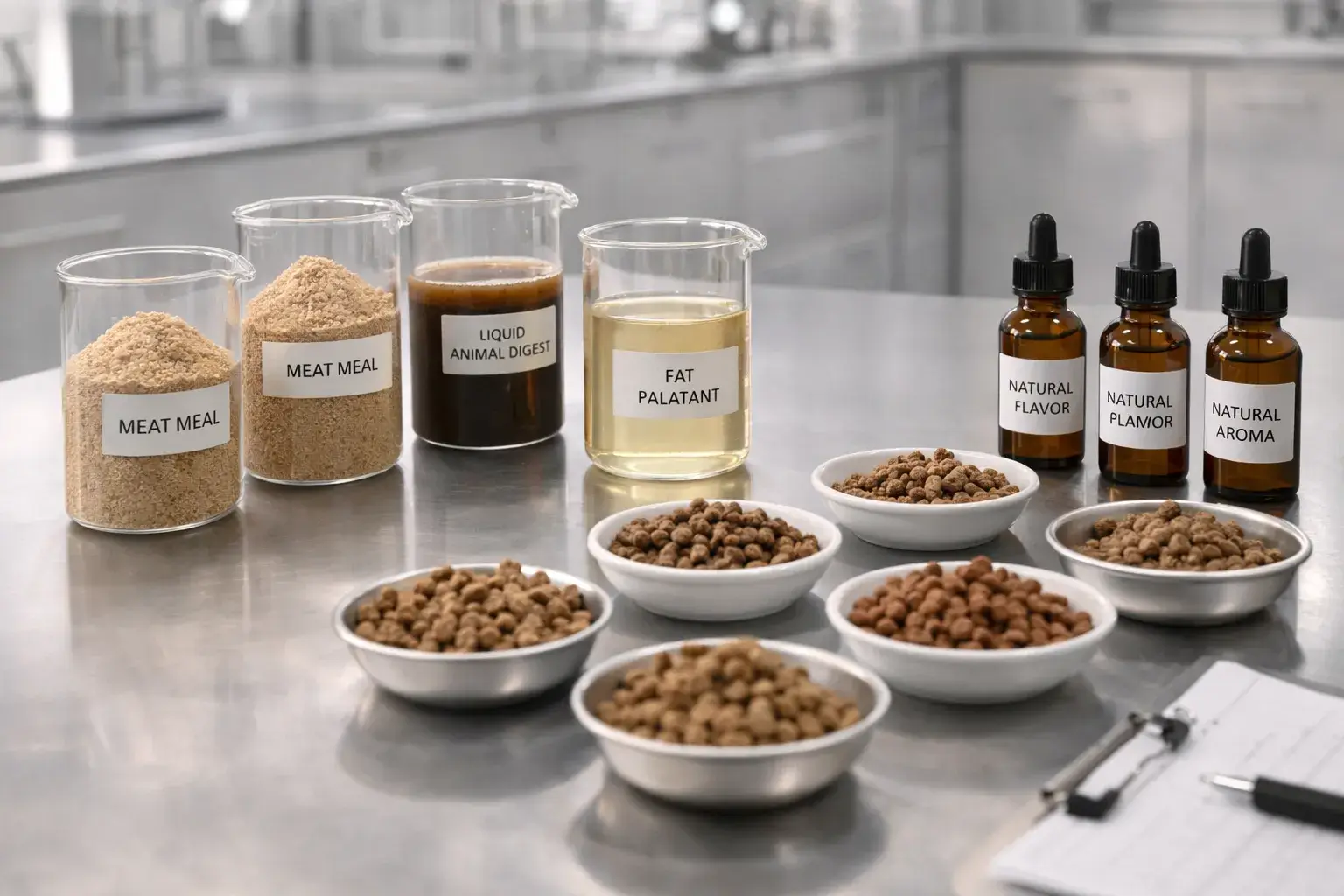 Dog food palatants and flavor ingredients on formulation bench