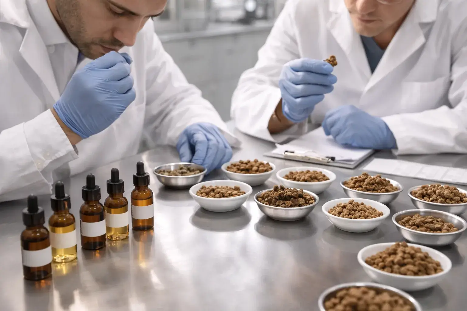 Dog food flavor development in pet food manufacturing lab