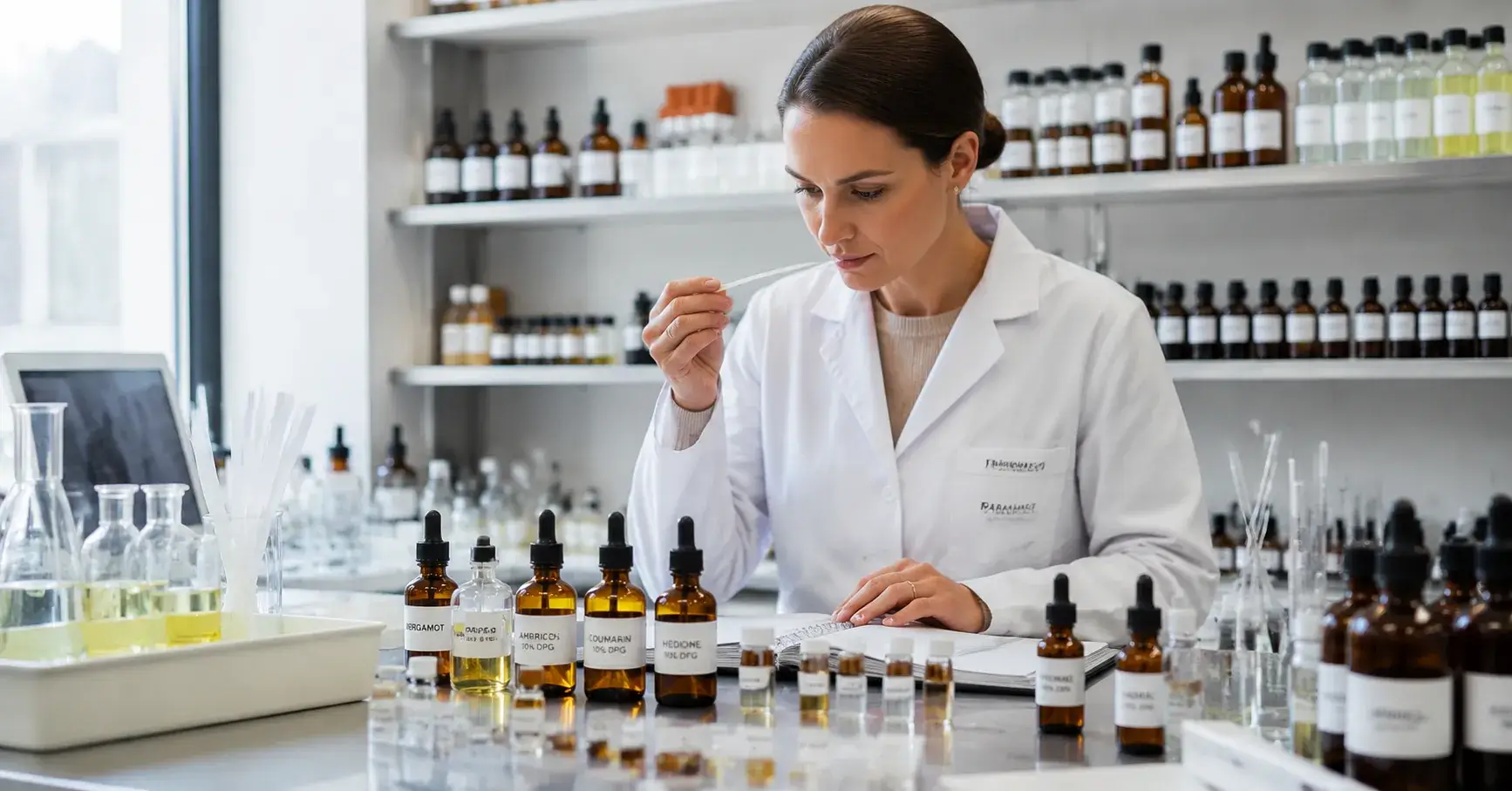 Fine fragrance oil samples in formulation laboratory
