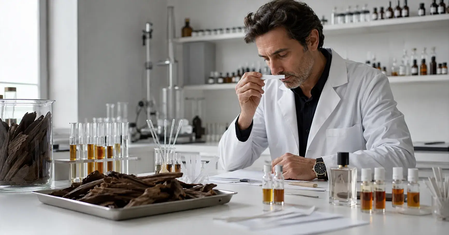 Oud Fragrance Formulation Perfumer evaluates oud fragrance beside resinous agarwood samples