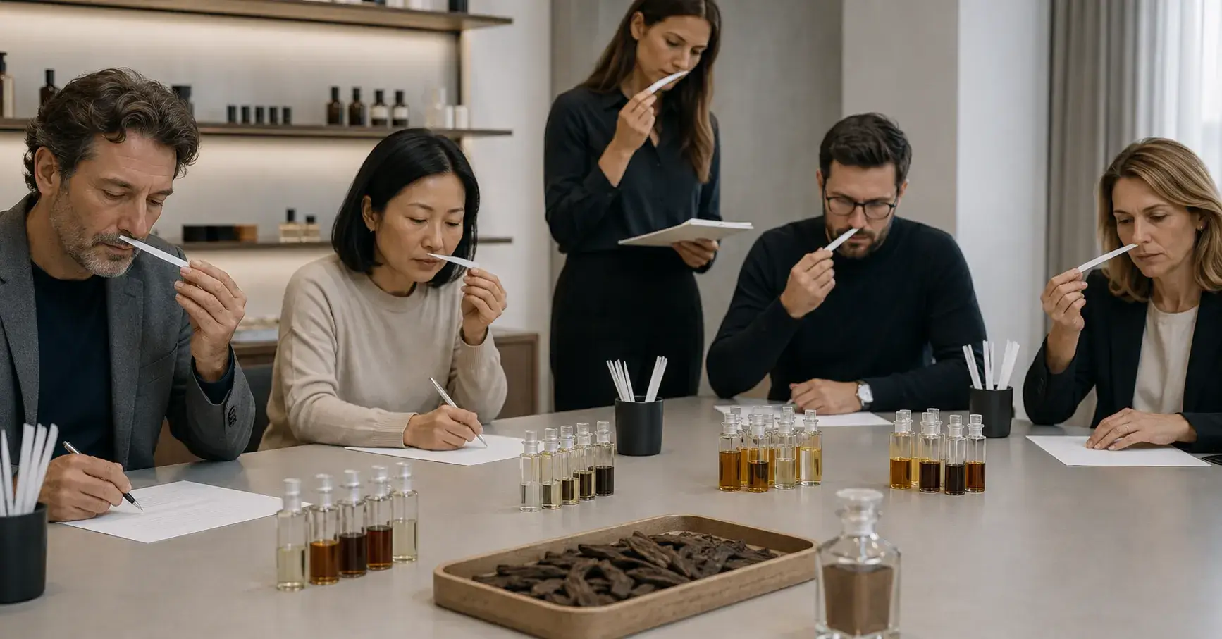 Evaluating Oud Character Fragrance panel compares woody smoky and animalic oud accords
