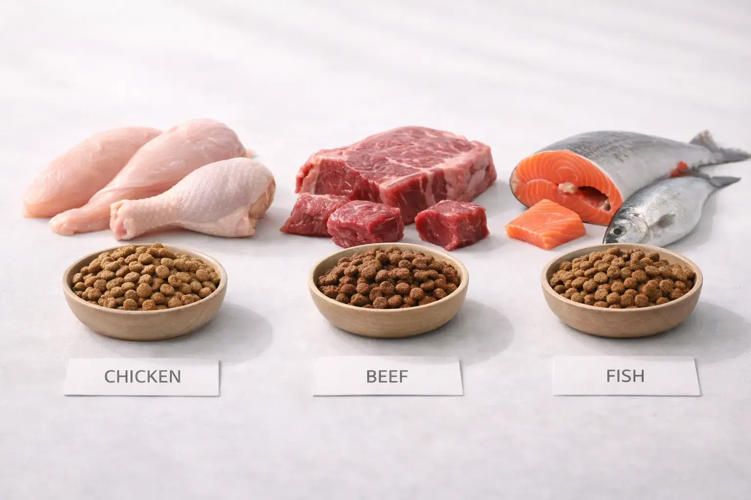 Chicken beef and fish dog food protein flavor comparison