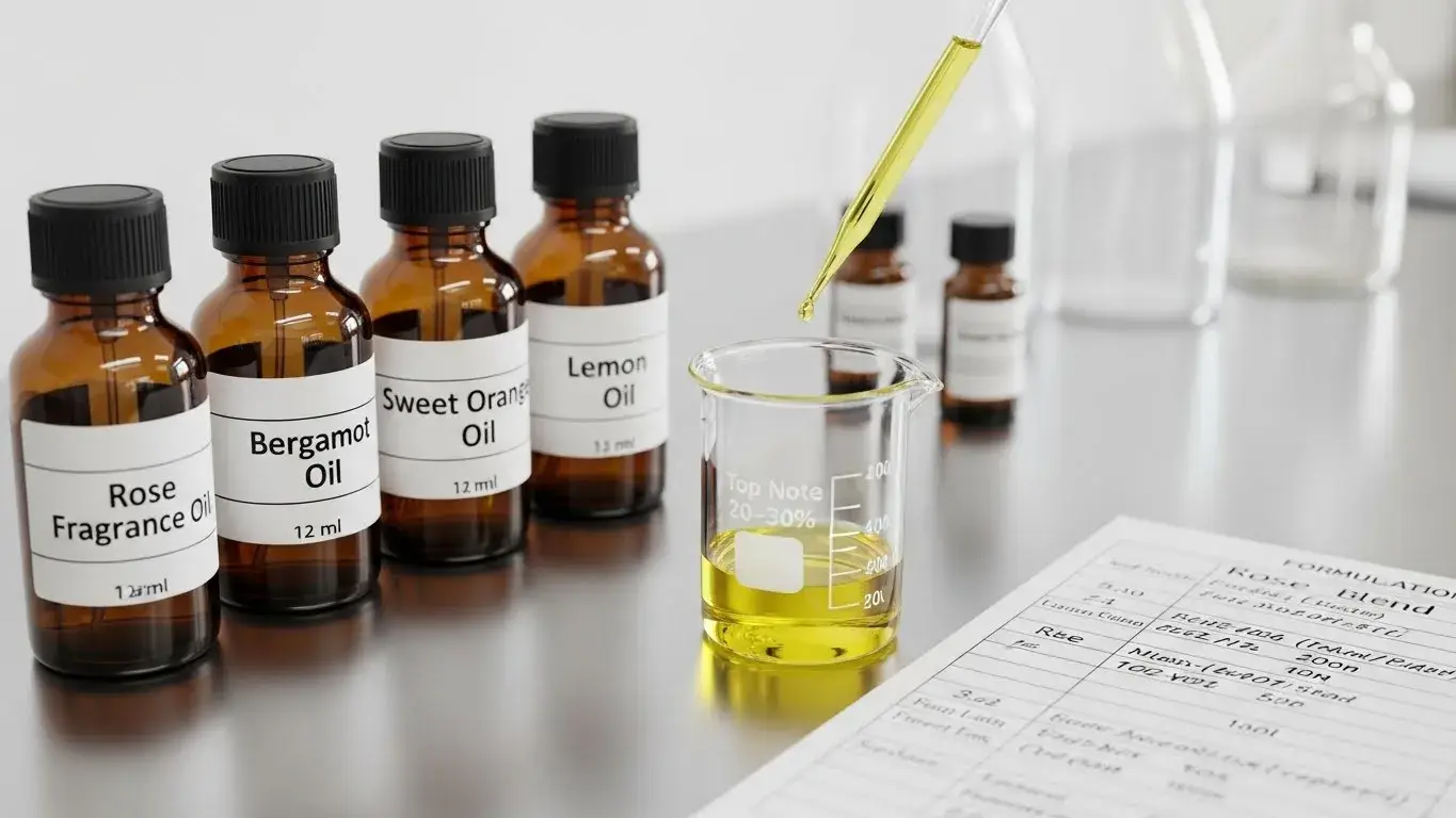 Rose and citrus fragrance oils measured for blend testing in formulation lab