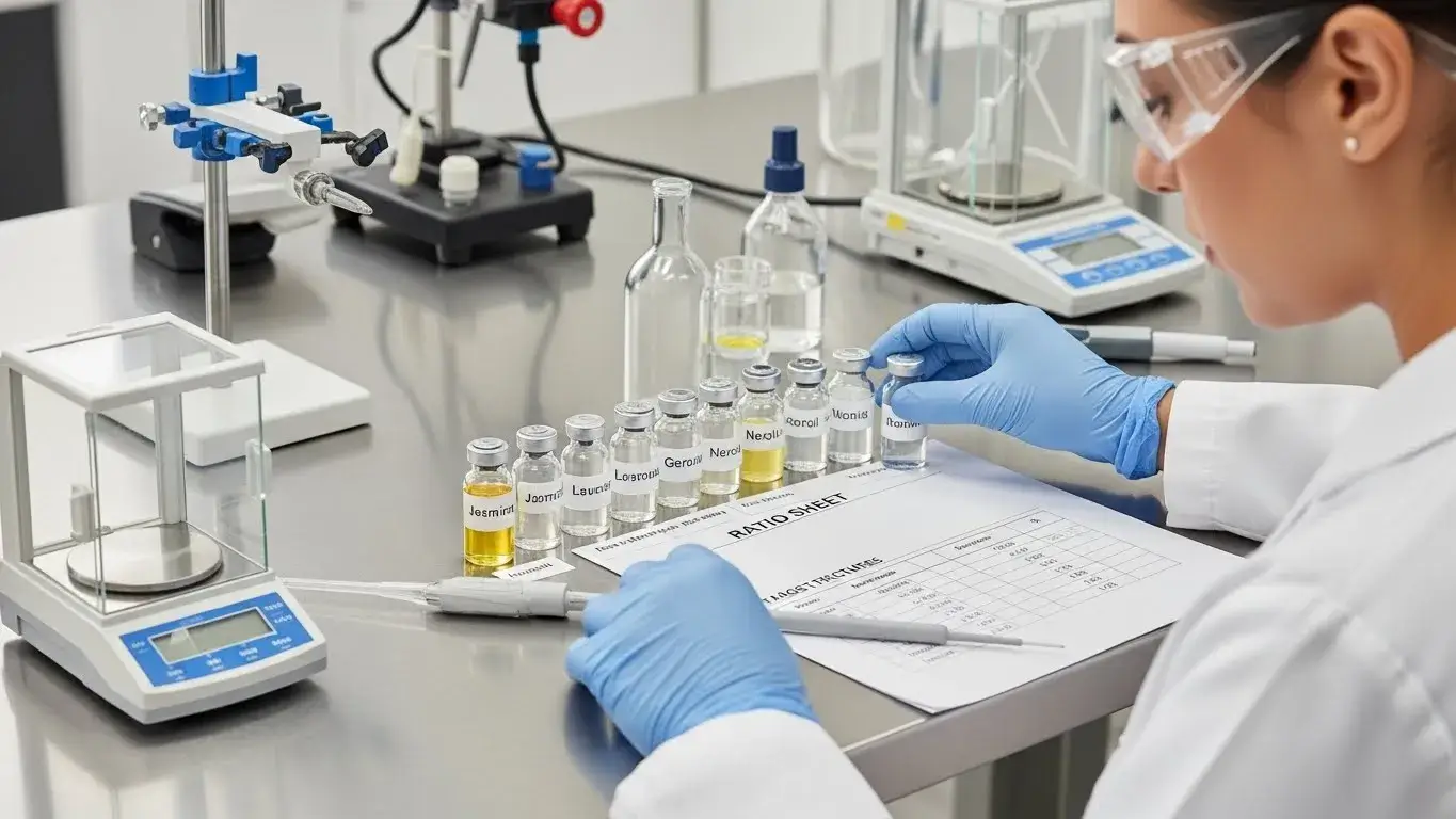 Rose fragrance oil blended with jasmine, geranium, and lavender in formulation lab