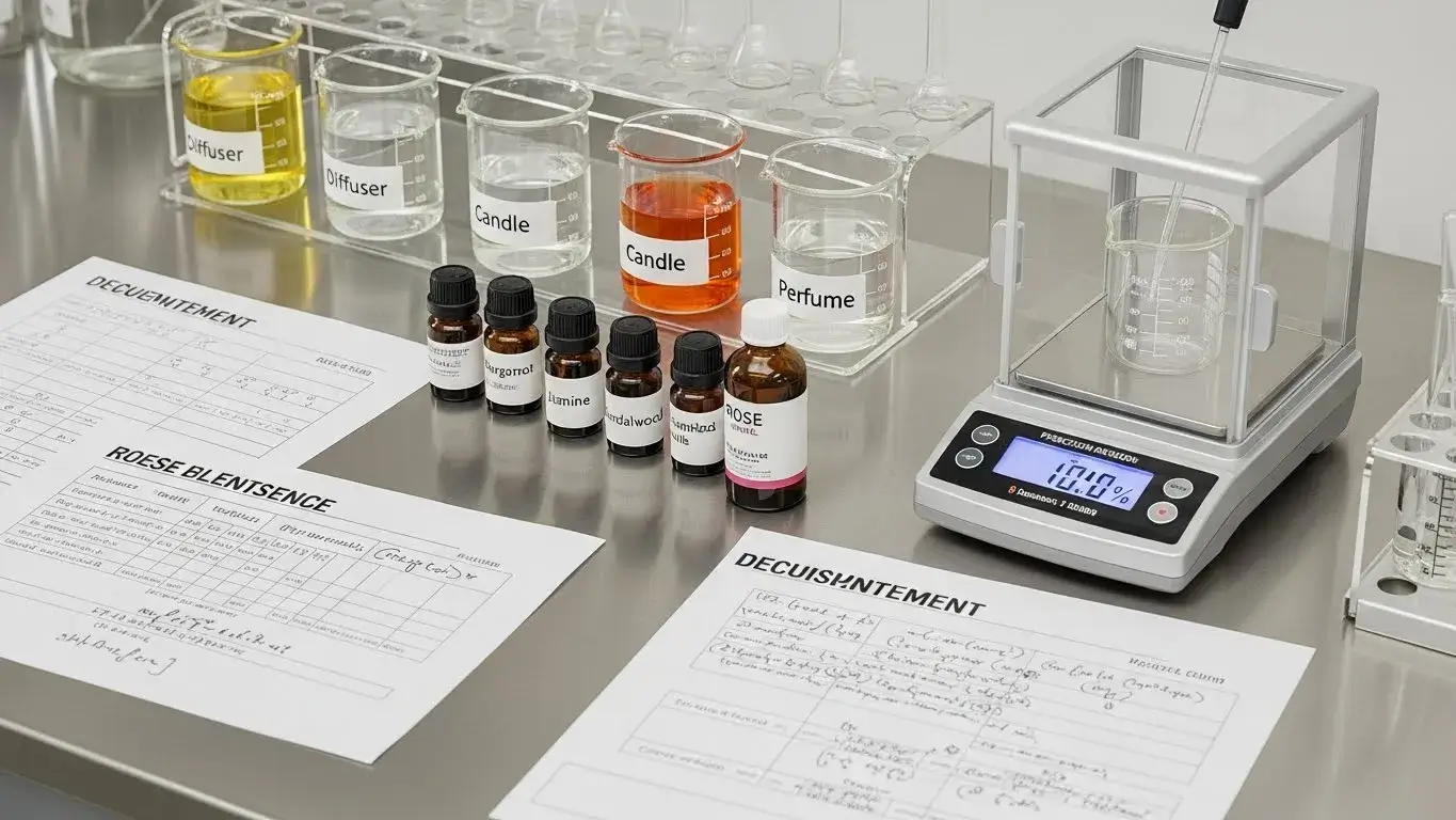 Rose blend recipe testing for candles, diffusers, and perfume oils