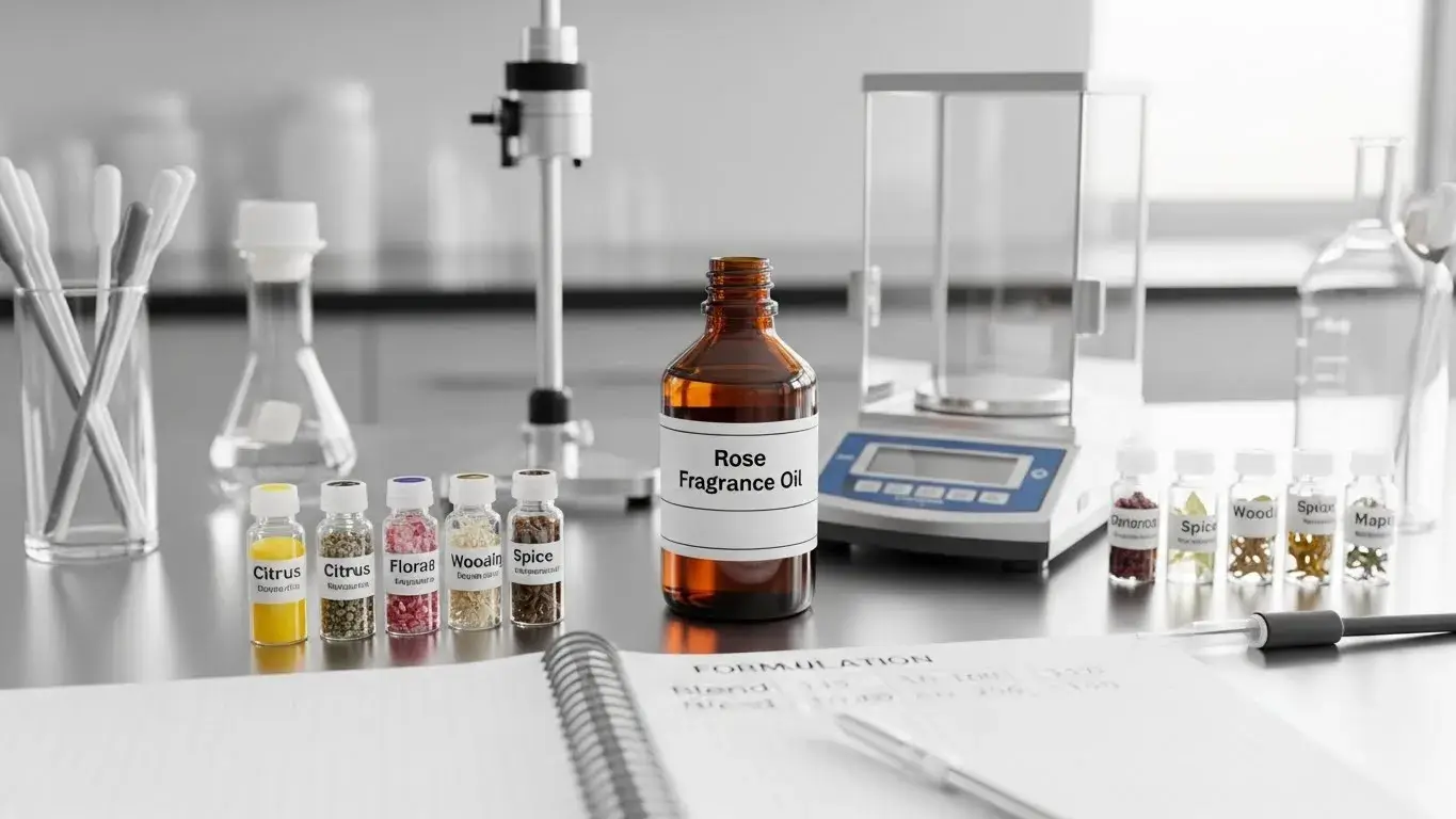 Rose fragrance oil blending materials arranged in a professional formulation lab