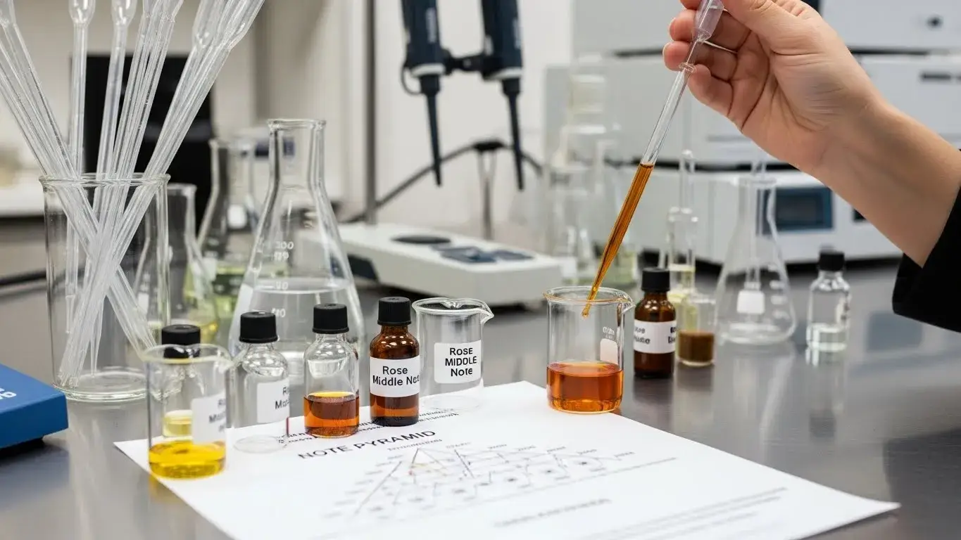 Rose fragrance oil evaluated as a middle note in a formulation lab
