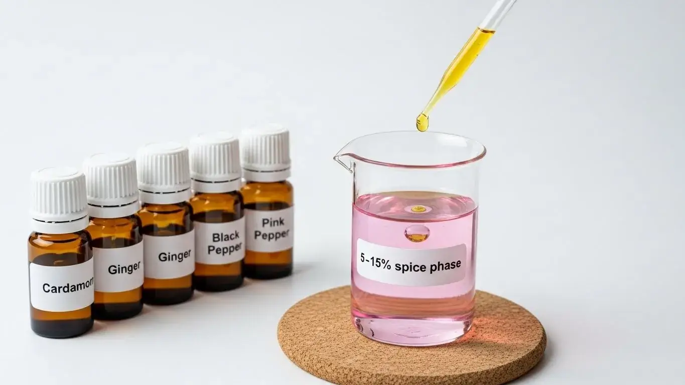 Rose fragrance oil blending with cardamom, ginger, and pepper notes
