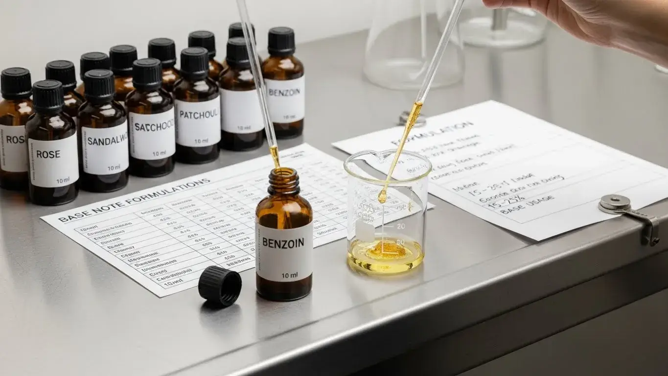 Rose fragrance oil blended with sandalwood and resinous bases in a lab setting