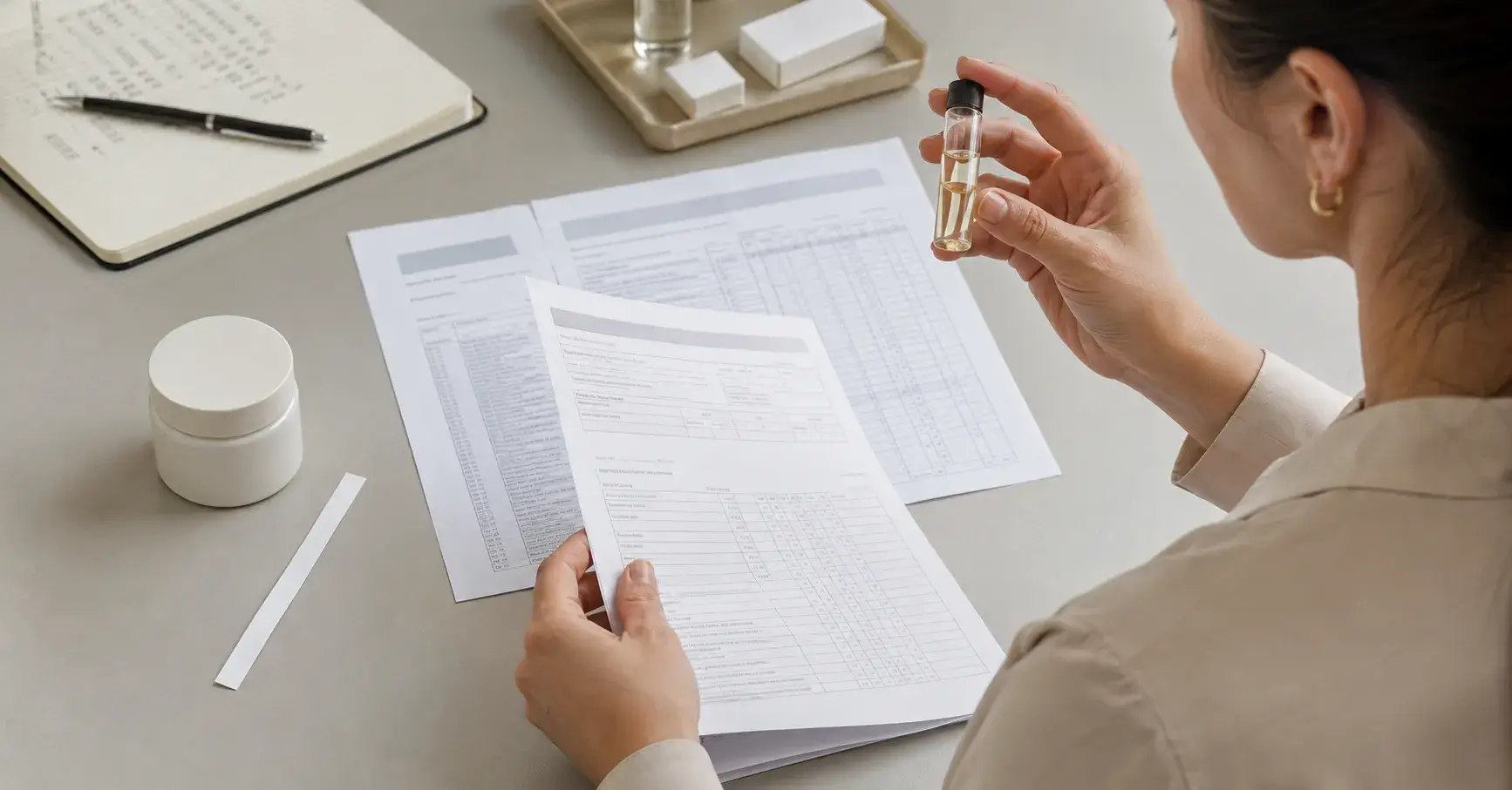 Fragrance Label Review Regulatory specialist reviews fragrance documentation beside skincare samples