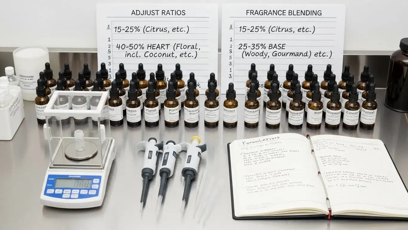 Soy candle fragrance oil blending station showing perfume pyramid ratios and base emphasis