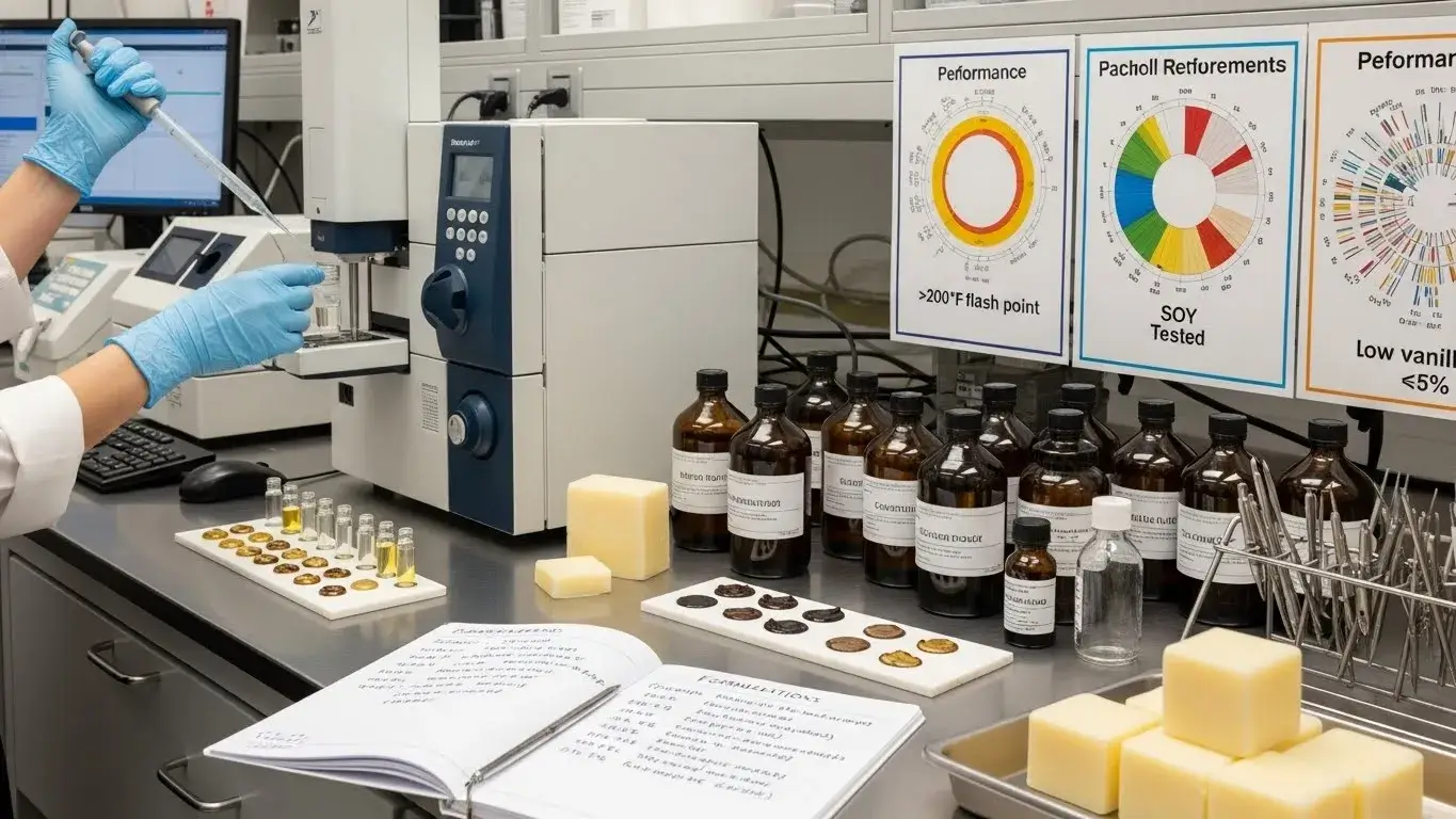 Soy wax fragrance oil compatibility testing showing vanillin content, flash point, and binding evaluation