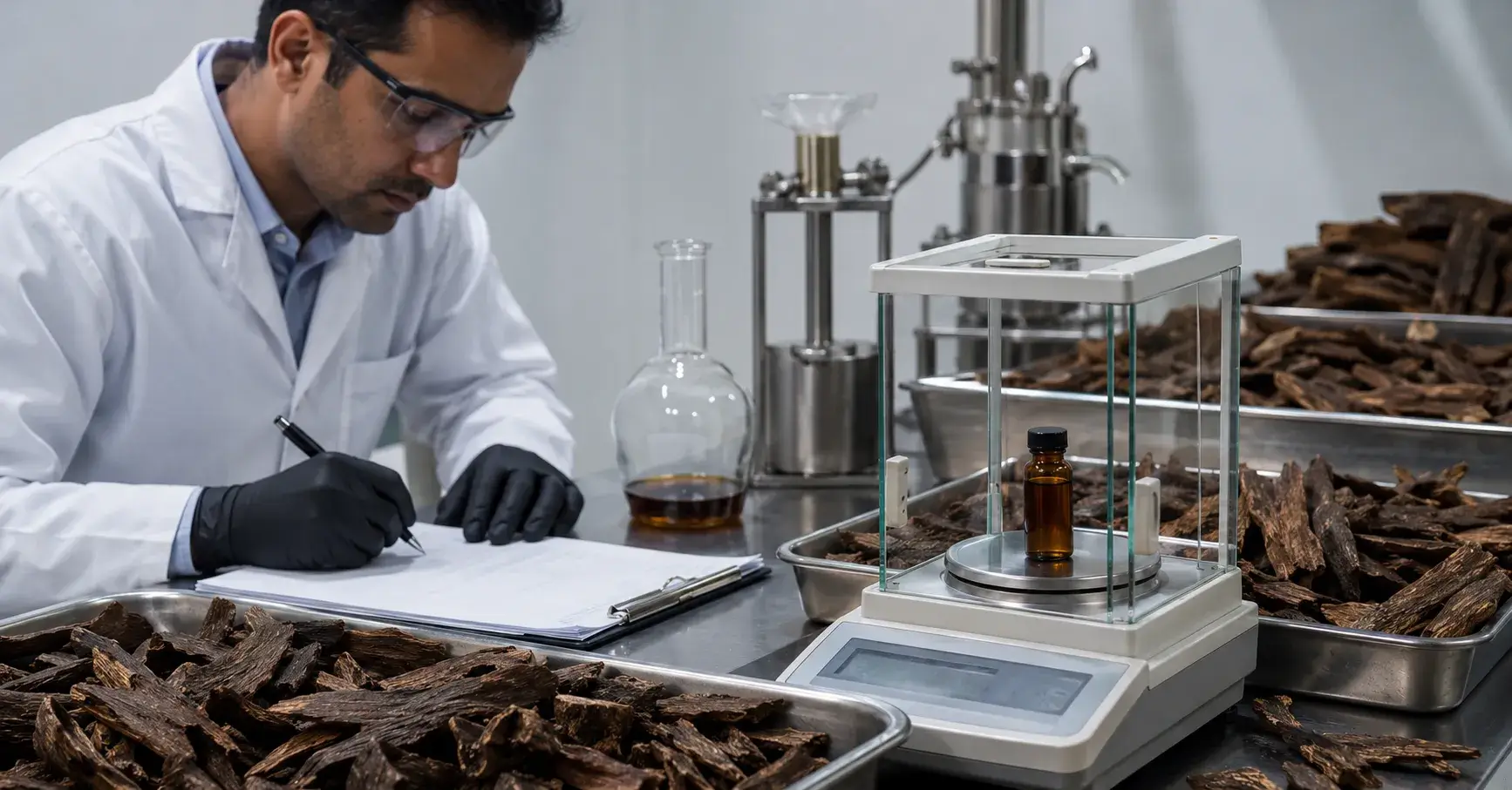 Why Oud Is Valuable Technician assesses scarce oud oil beside sorted agarwood material