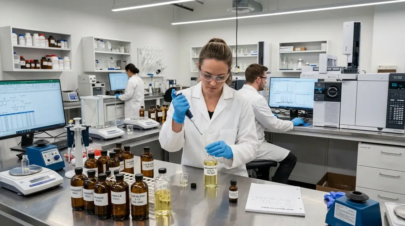 Flavor and fragrance chemistry lab with essential oil analysis
