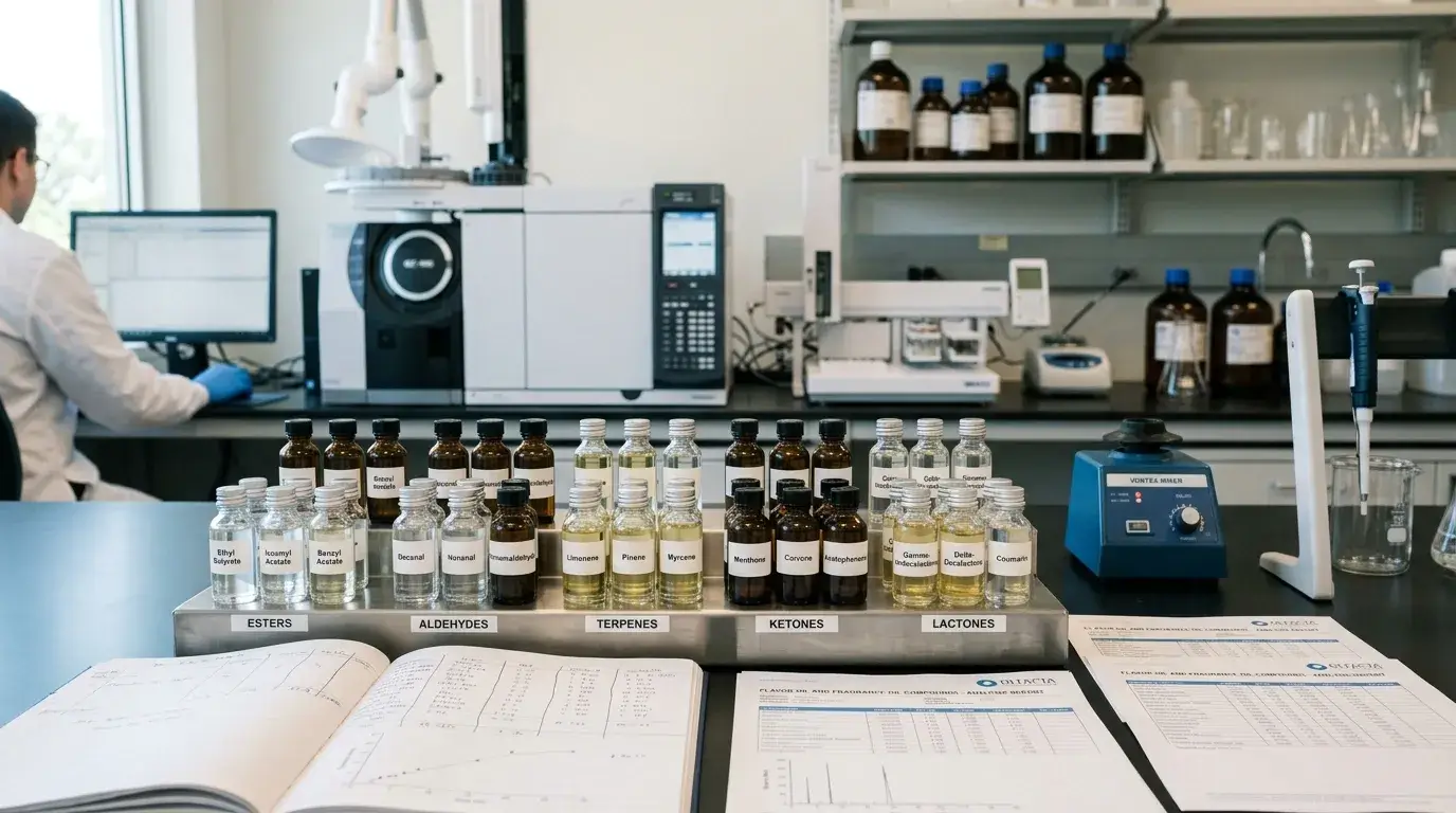 Aroma chemical groups displayed in laboratory with labeled compound samples