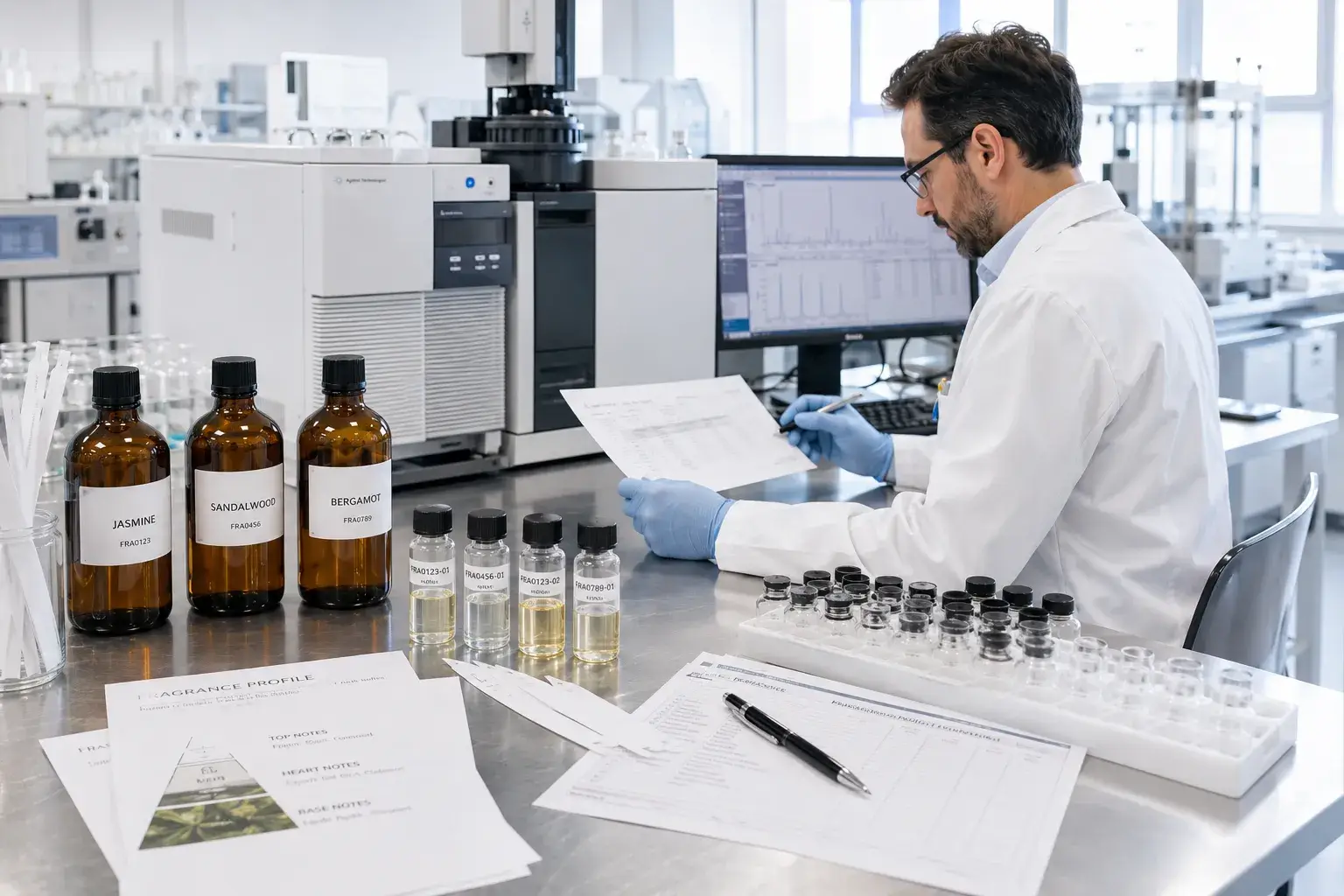 Fragrance oil samples and ingredient testing workspace