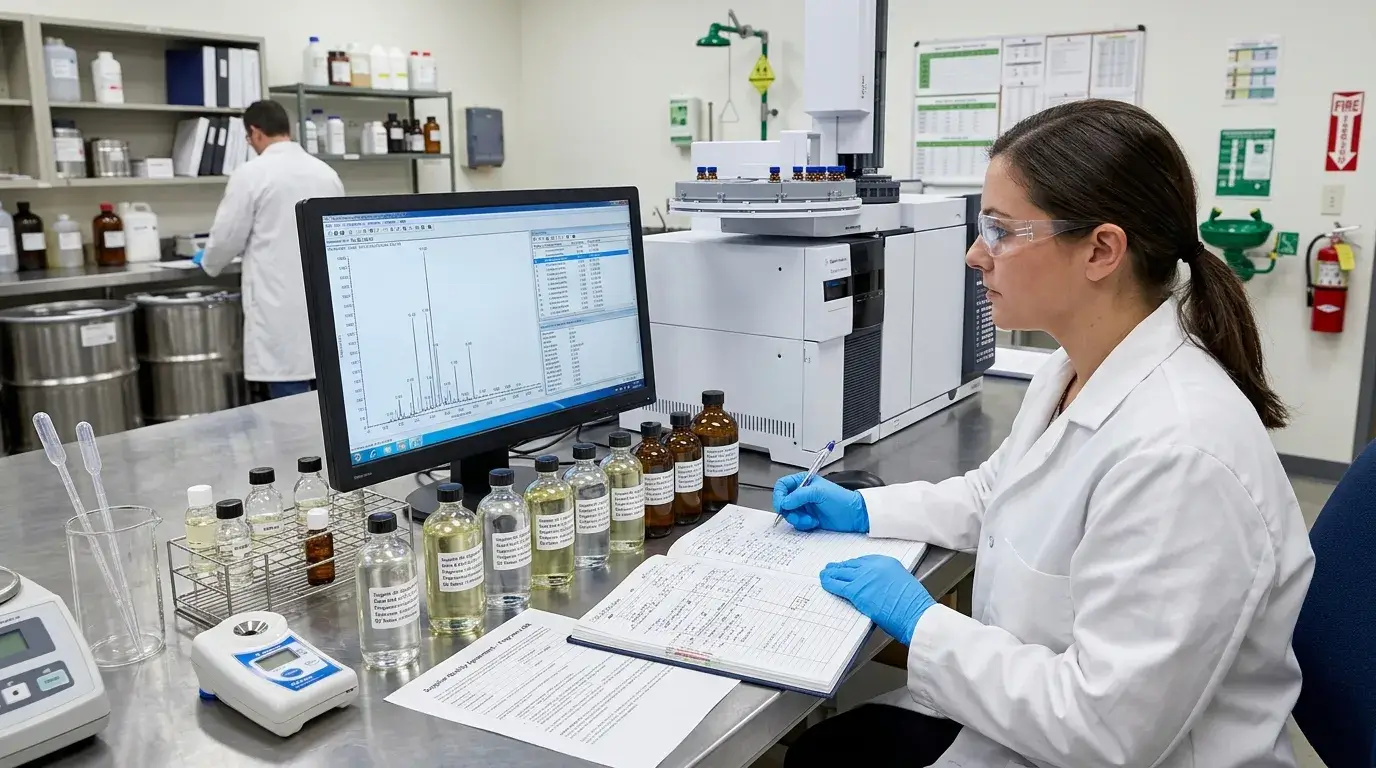 Inspection of fragrance oil samples with lab testing and documentation