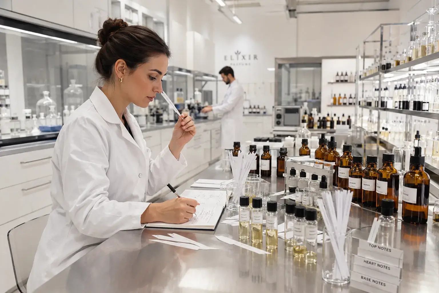 Fragrance oil evaluation in professional formulation lab